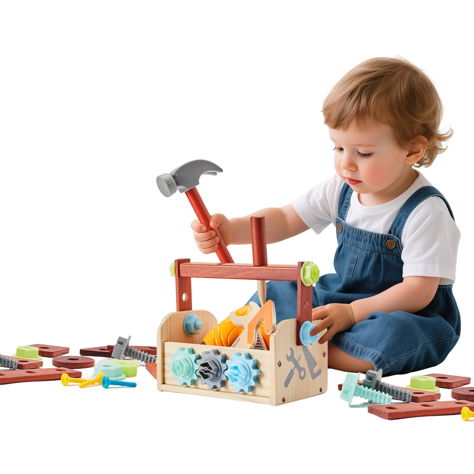 Juego de herramientas para niños – 54 piezas de herramientas de madera para niños pequeños con caja de madera, juguete educativo de construcción para niños de 2, 3, 4, 5, 6 años, taladro de juguete 8