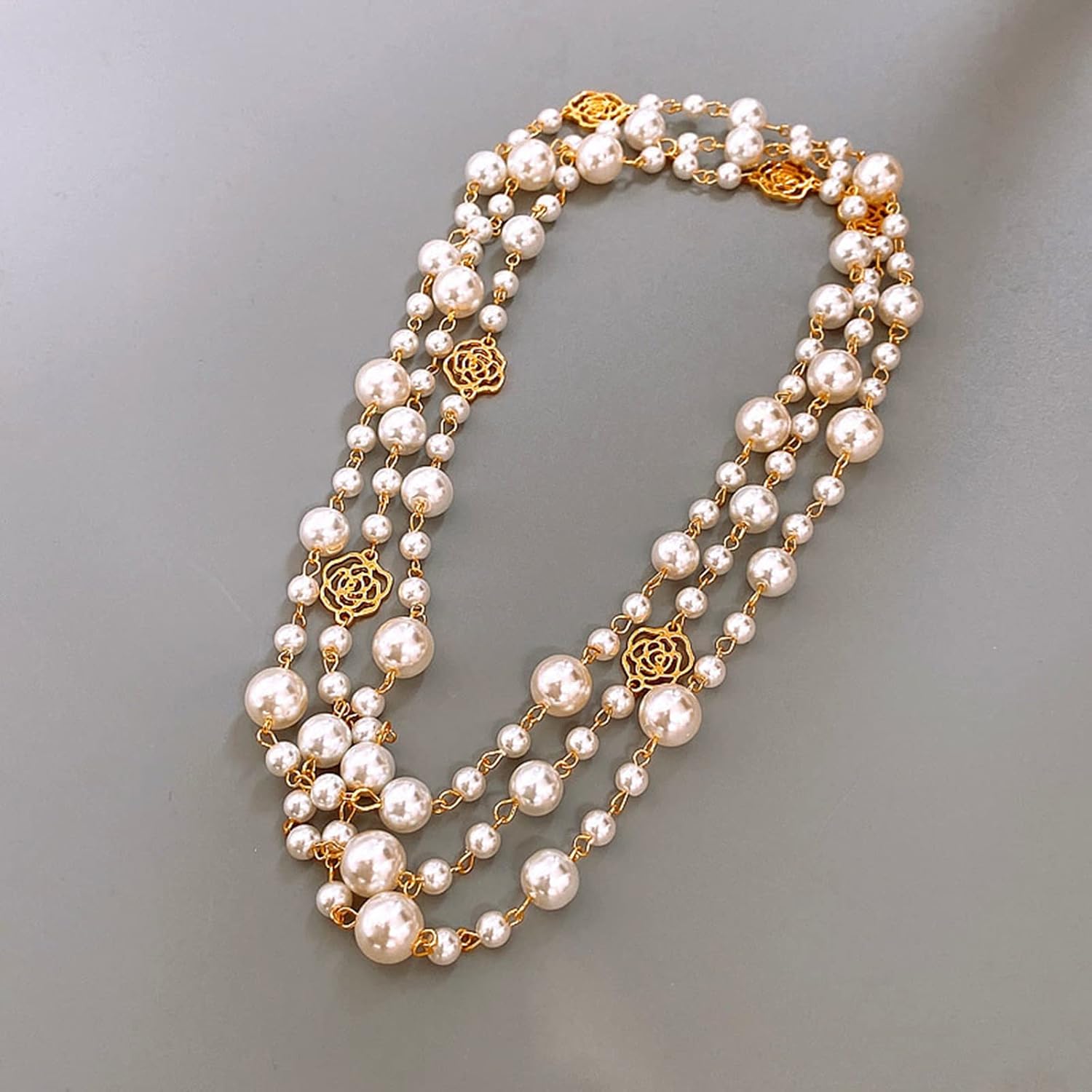 Imitation Pearl Camellia Strand Necklace Fashion Sweater Chain Double Layer Long Necklace Temperament Woman Jewelry