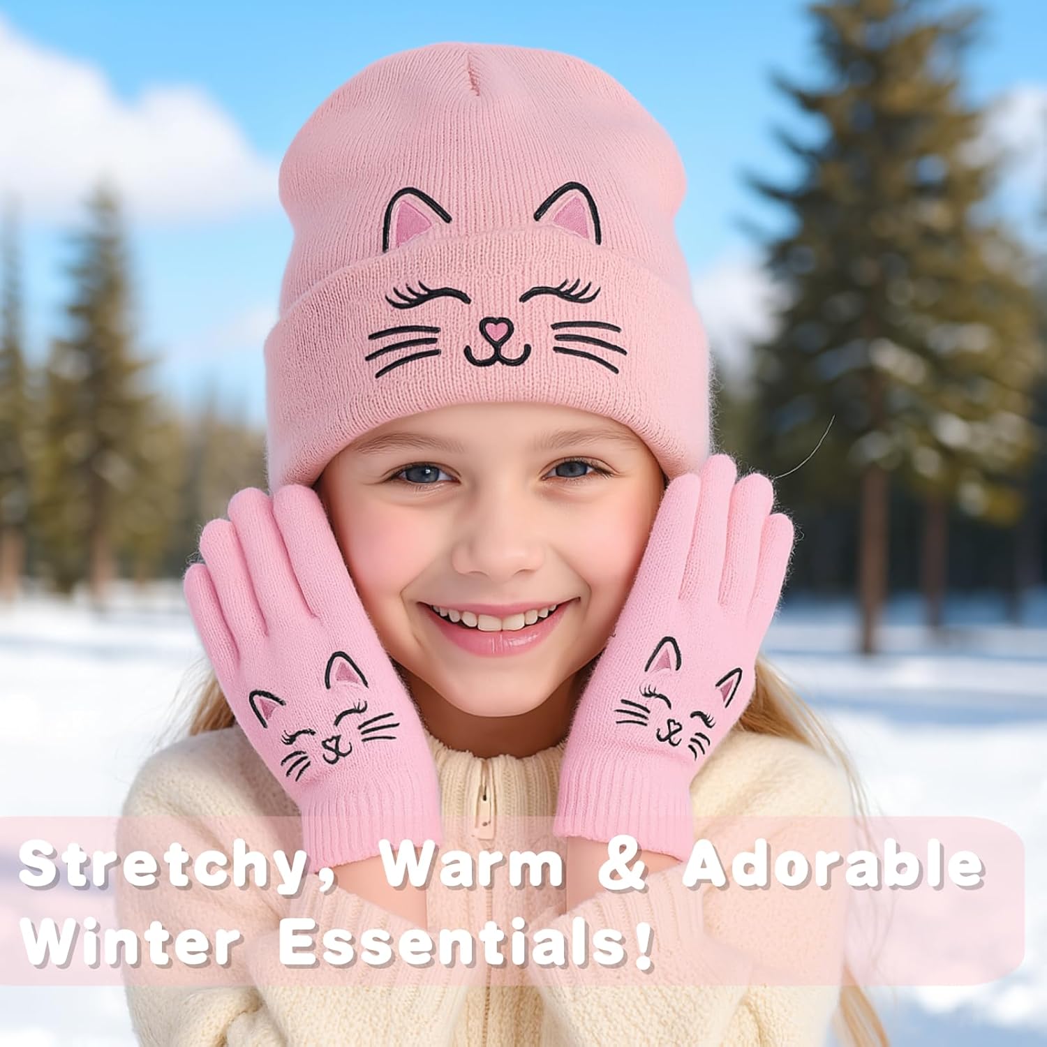 BEARAE Girls Hat and Gloves Set, Cute Cat Kids Winter Beanie Hat Gloves, Knitted Skiing Beanies Hats for Girls Kids 3-12T - Image 2