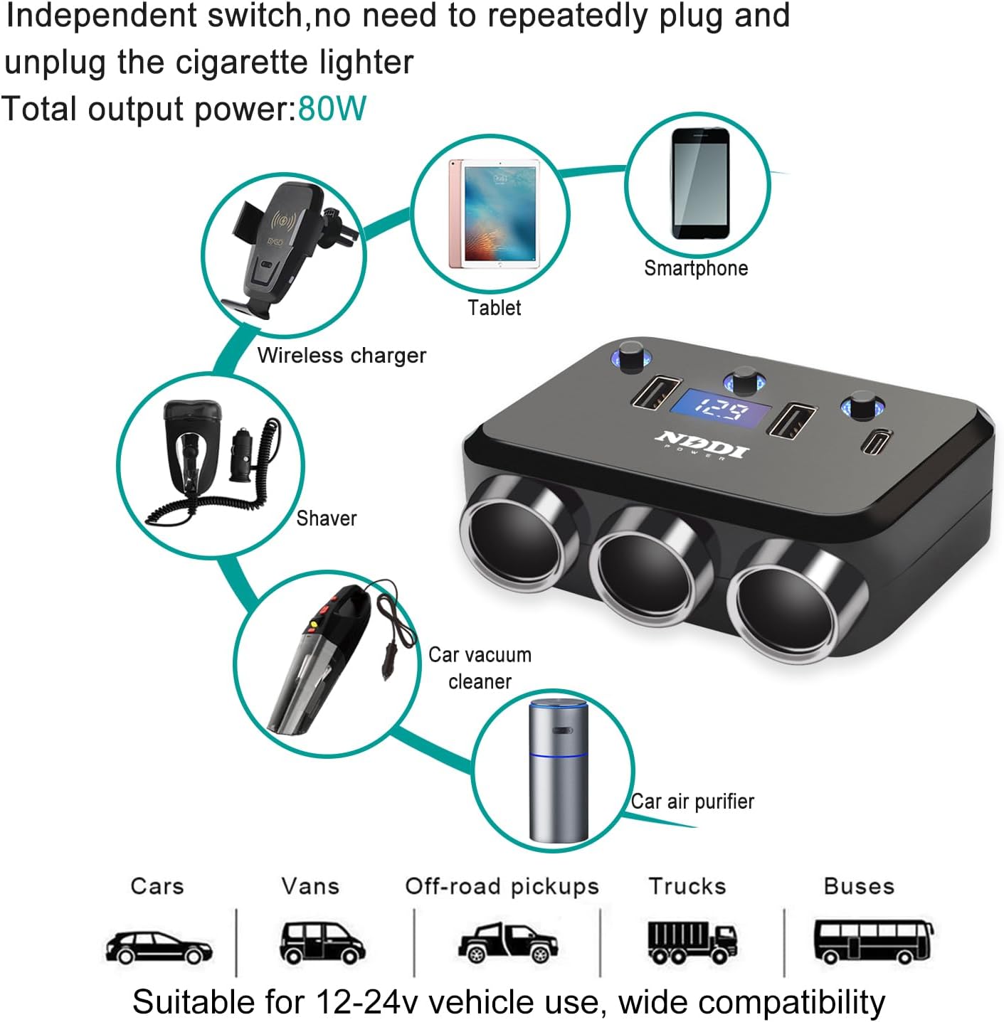 6 in 1 Cigarette Lighter Splitter to Outlet 12V 24V Adapter Car 3 Sockets | 110W 3.1 USB Fast Charger and Type C Port Adapter LED Voltage Display and Type C Port Independent Switch 27.55 IN
