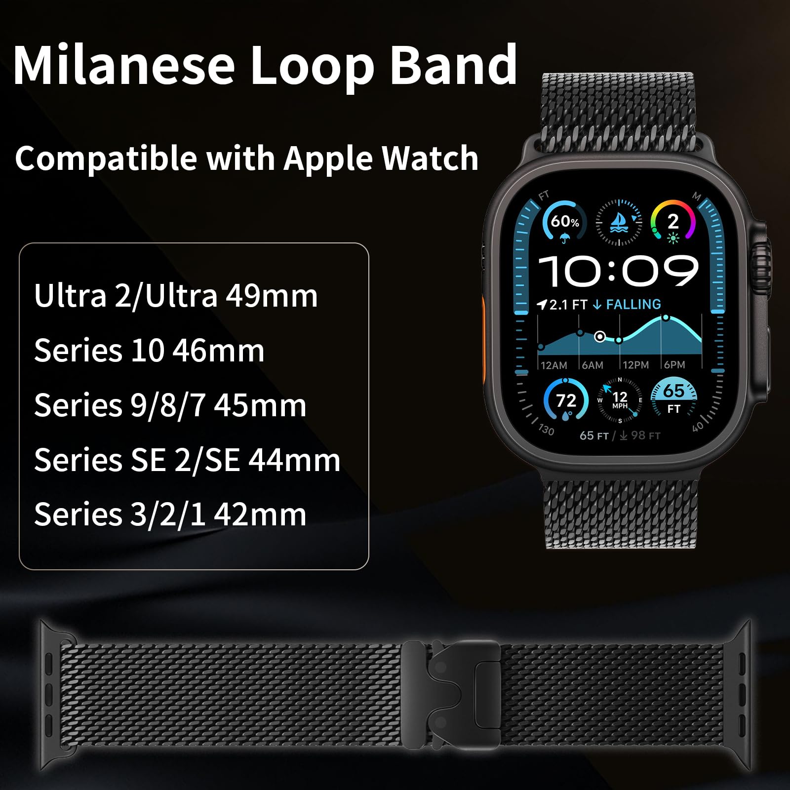 Cinturino Milanese Compatibile con Apple Watch Ultra 2/Ultra 49mm 46mm 44mm 42mm (Serie 3 2 1) Donne Uomini, Fibbia Stile Paracadute, Cinturini in Metallo per iWatch 10 9 SE 8 7 6 5 4