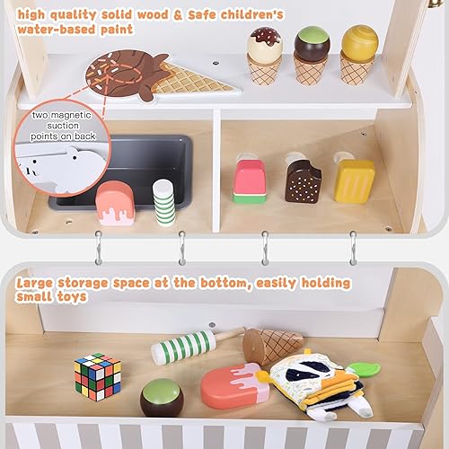Miniatura 4 de labebe Carrito de helado de madera para niños, camión de helados para niños pequeños, soporte de juego de simulación para niños de 3 a 8 años,