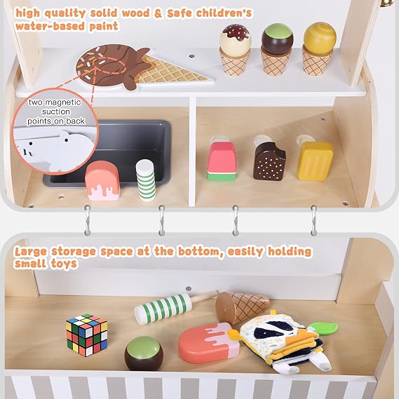 labebe Wooden Ice Cream Cart for Kids, Toddler Ice Cream Truck Pull-Along Pretend Play Stand for 3-8Y, Children Role Play ice cream toy Trolley with Blackboard, ringbell, Ice-lolly for 36M+ Girls Boys