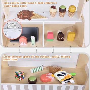 labebe Wooden Ice Cream Cart for Kids, Toddler Ice Cream Truck Pull-Along Pretend Play Stand for 3-8Y, Children Role Play ice cream toy Trolley with Blackboard, ringbell, Ice-lolly for 36M+ Girls Boys