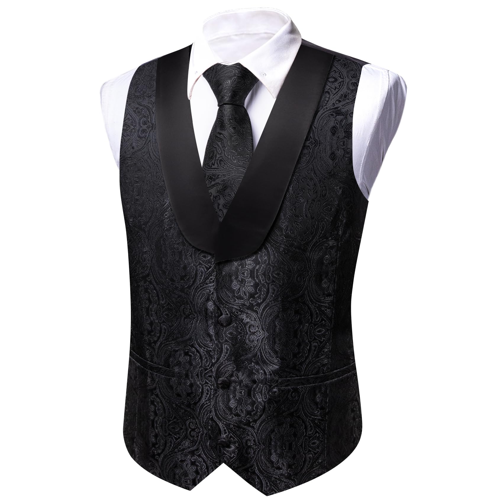 Barry.Wang Set da uomo con gilet e cravatta, in seta jacquard, con fiore, scialle, colletto, gilet, smoking, 6 pezzi, festa di nozze