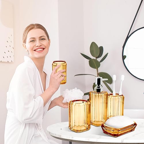 Miniatura 6 de Juego de accesorios de baño naranja, juego de 4 accesorios de baño acrílicos ámbar, dispensador de jabón de loción, soporte para cepillos de