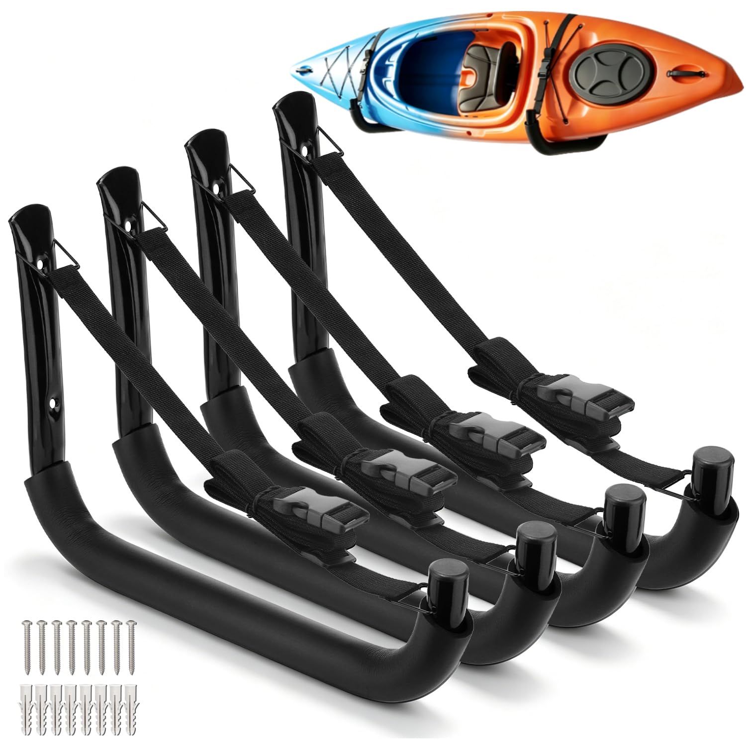 Kayak Storage Rack, Heavy Duty Wall Mount Kayak Hanger with Adjustable Nylon Straps for Secure Storage, Garage Hooks for Kayaks, SUP Paddle Boards, Canoes, Surfboards (10.6" x 15.5", Pack of 4)