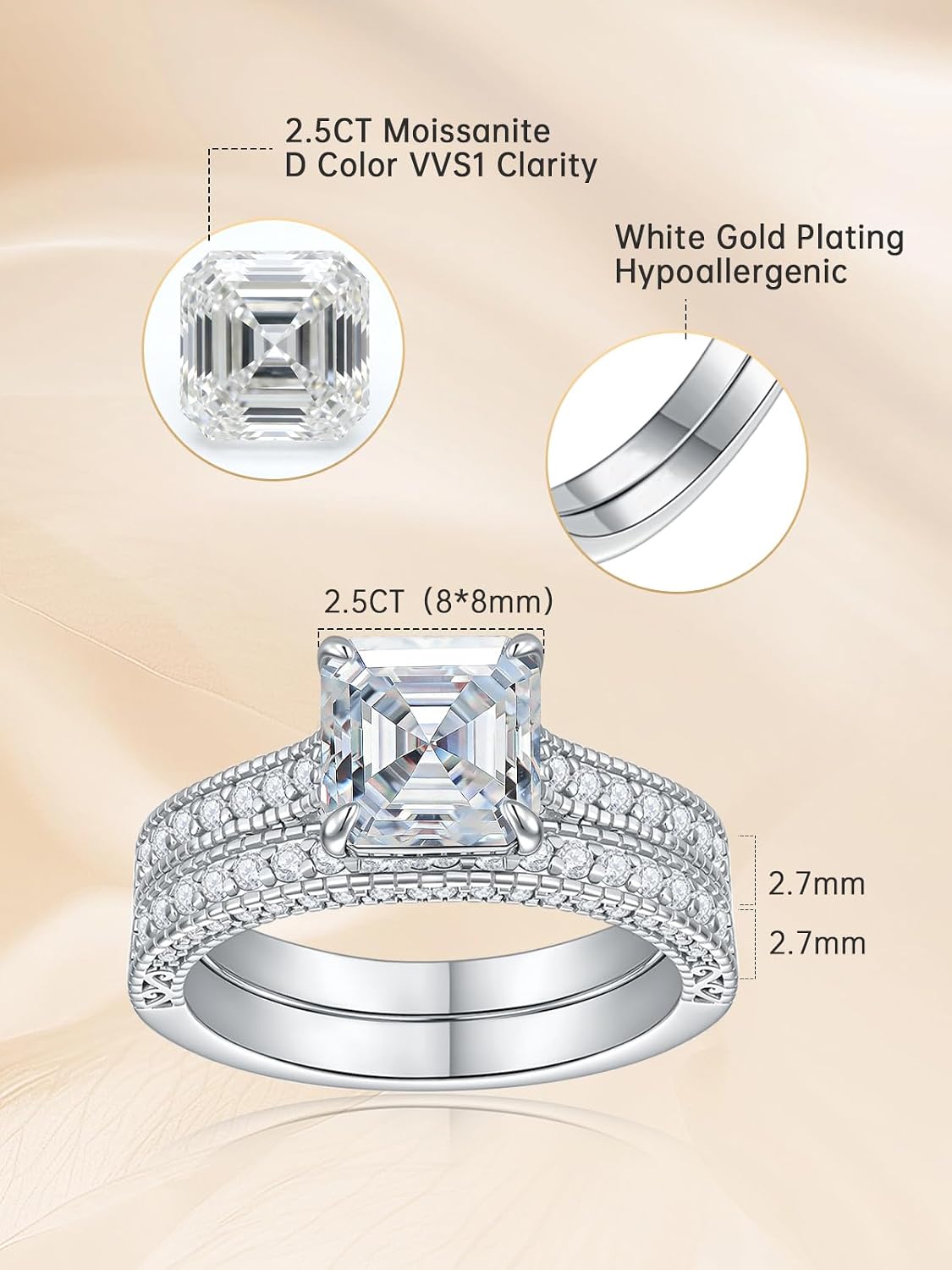 Moissanite Wedding Ring Sets for Women, Asscher Cut Engagement Ring Bridal Sets, D Color VVS1, White Gold Plated, Anniversary Jewelry Gift, Size 5-10