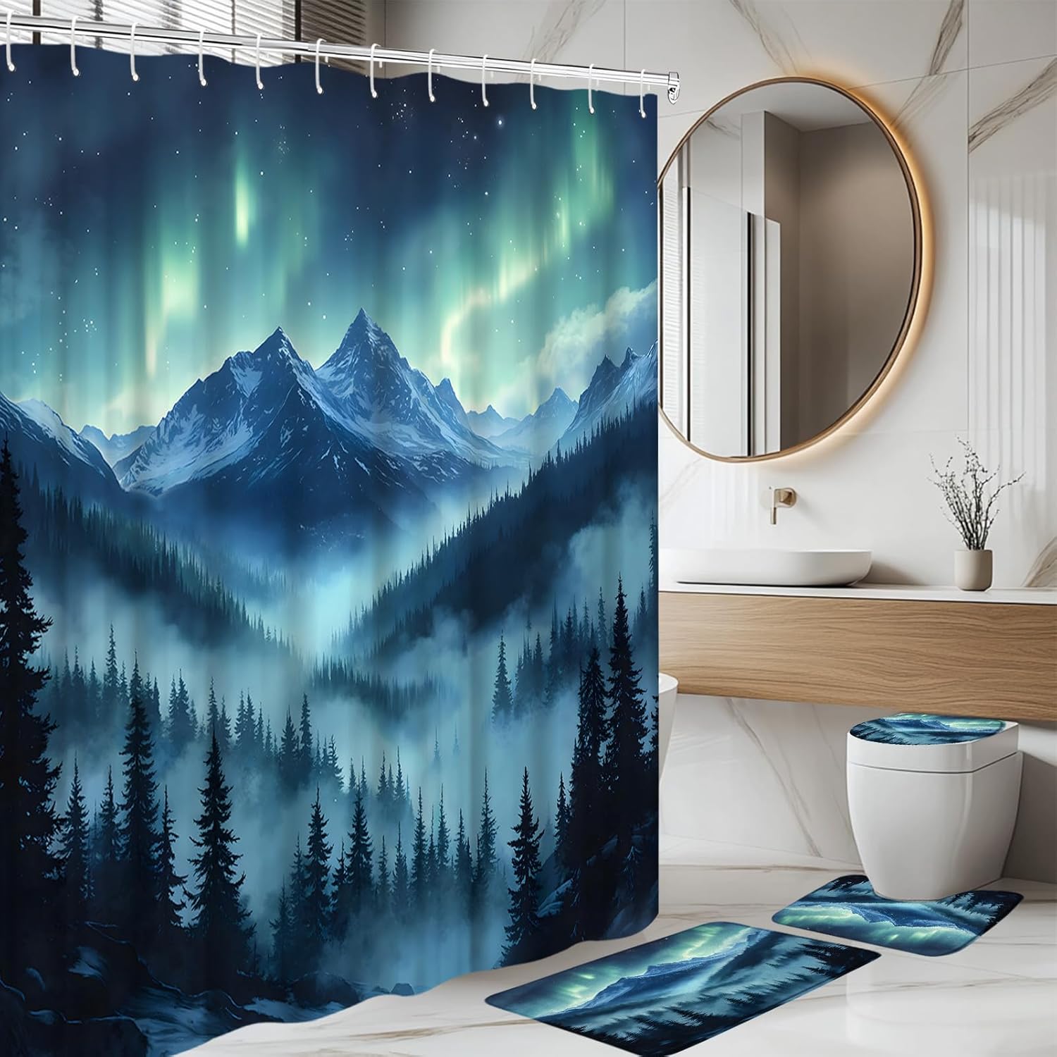 4Pcs Misty Forest Mountains Shower Curtain Set Fantasy Foggy Pine Tree Blue Gothic Cool Nature Landscape Woodsy Rustic Jungle Men Toilet Lid Cover and Bath Mat Rugs Bathroom Accessories with 12 Hooks