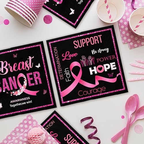 Miniatura 6 de 40 servilletas de papel desechables con cinta rosa para concientización sobre el cáncer de mama, suministros de fiesta con cinta rosa, para mujeres