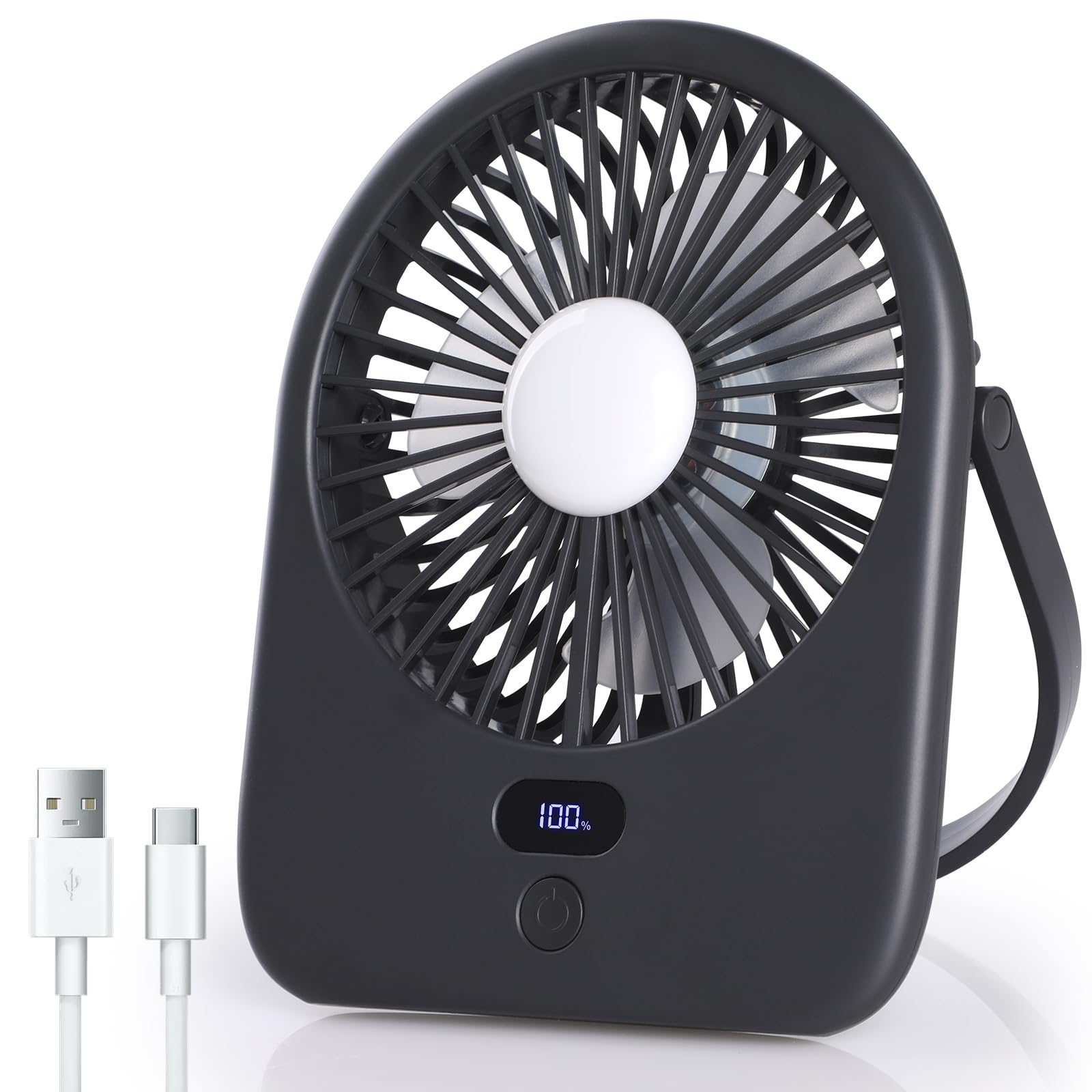 Secpeak Desk Fan with LED Light - 5 Speed Adjustable, Rechargeable USB Portable Table Fan with Power Display, 180° Adjust, Quiet Cooling Fans for Office, Bedroom, Home