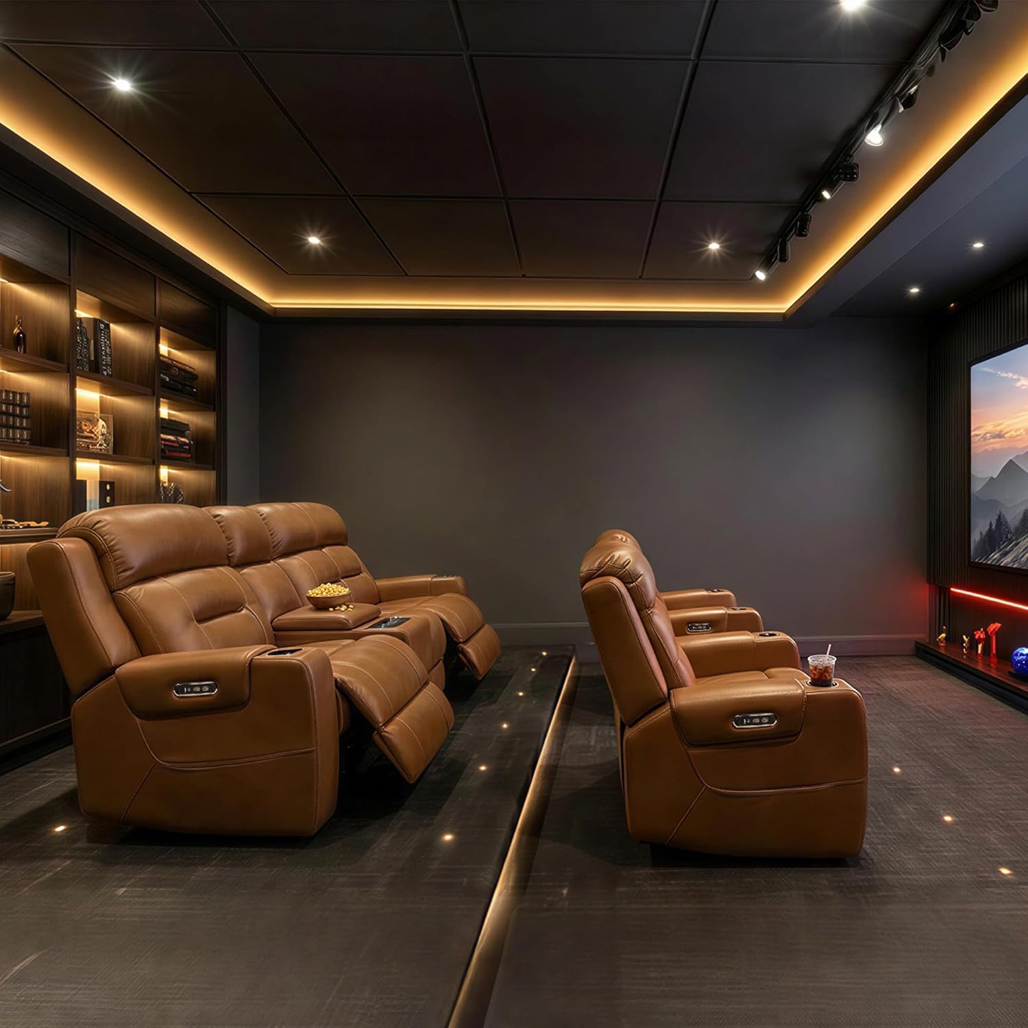 Watson & Whitely Genuine Leather Power Recliner Chairs for Adults, Lay Flat Recliner with Power Headrest, USB Ports and Cup Holders, Electric Reclining Sofa for Living Room, Bedroom, Saddle Brown