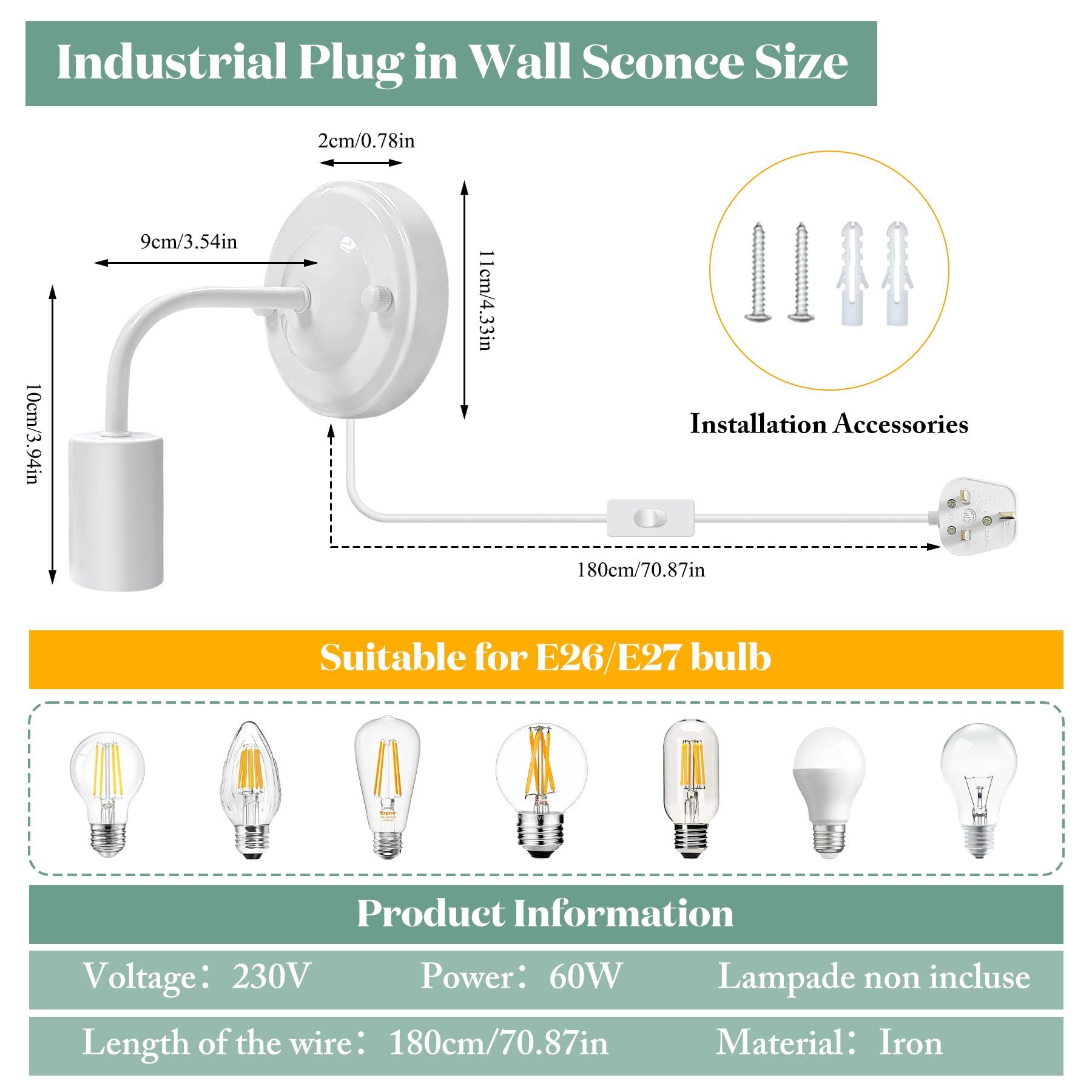 LQUNFYL 2 Pack Plug in Wall Lights for Bedroom with Switch and 180CM Cable, E27 Lamp Holder, Plug in Bedside Wall Light - Image 2