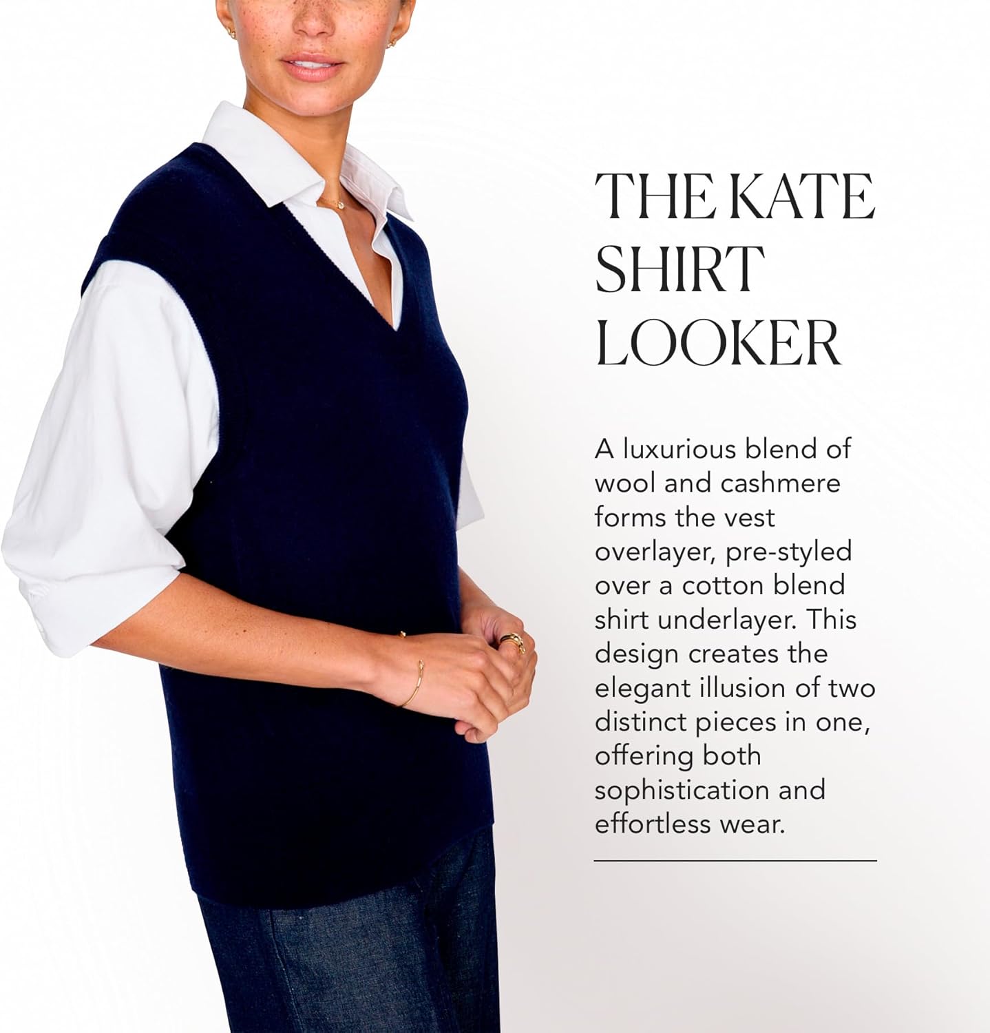 Brochu Walker The Kate Shirt Looker - V Neck Vest Sweater with White Shirt, Elbow-Length Blouson Sleeves, Wool/Cashmere Blend (US, Alpha, X-Small, Regular, Regular, Navy)