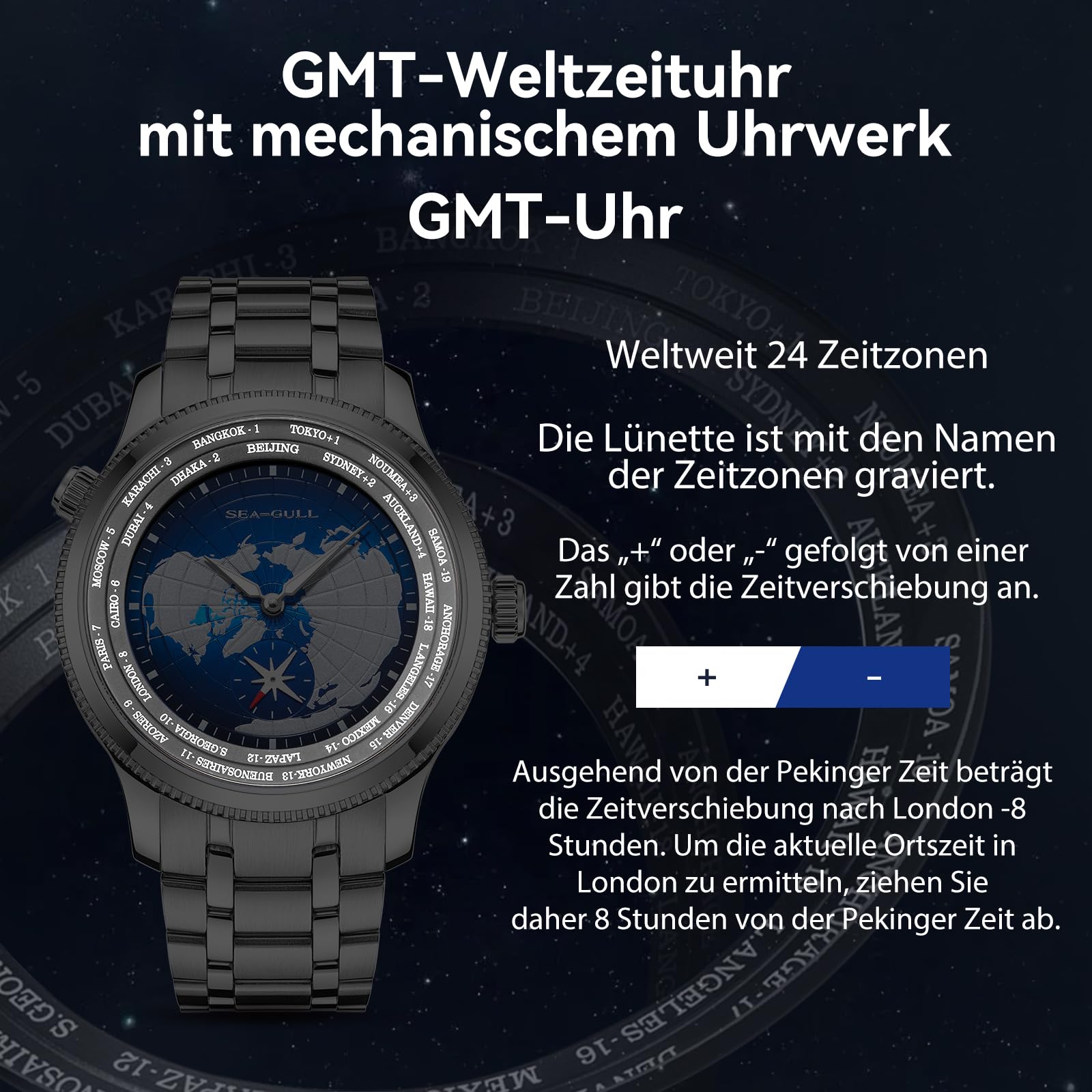 Seagull Automatische mechanische Herrenuhr, 41 mm GMT Weltzeit mit Sekundenzifferblatt, 5 ATM wasserdicht, leuchtende Armbanduhr, 6202