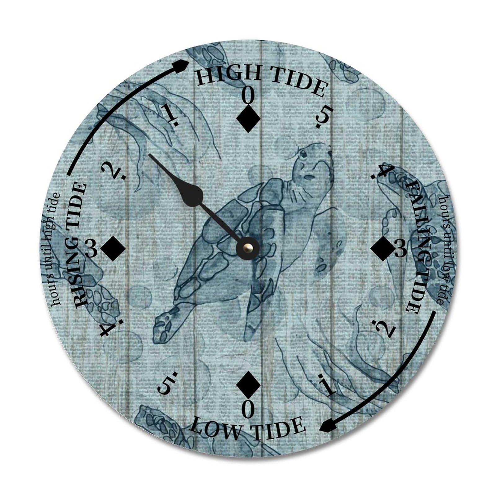 Tortoise Jellyfish Tide Clock with High Tide Low Tide Nautical Beach Ocean Theme Wood Tidal Clock 12" Non-Ticking Battery Operated Wall Clock Wall Hanging Tide Movement Clock for Beach