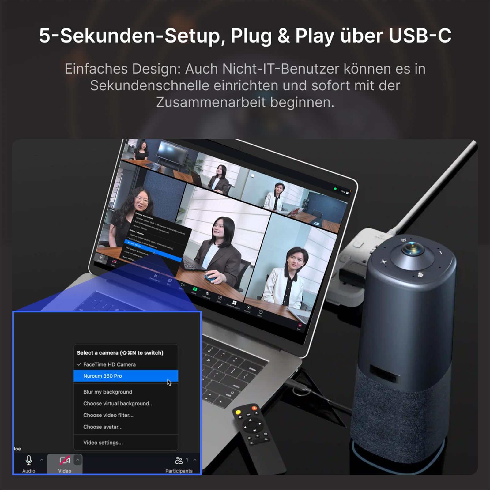 NUROUM 360 Pro Kamera für Videokonferenzen, 3 AI Modi, Intelligente Rauschunterdrückung & AGC, Webcam mit Mikrofon und Lautsprecher für Zoom/Teams/GoogleMeet auf PC/Laptop/Desktop