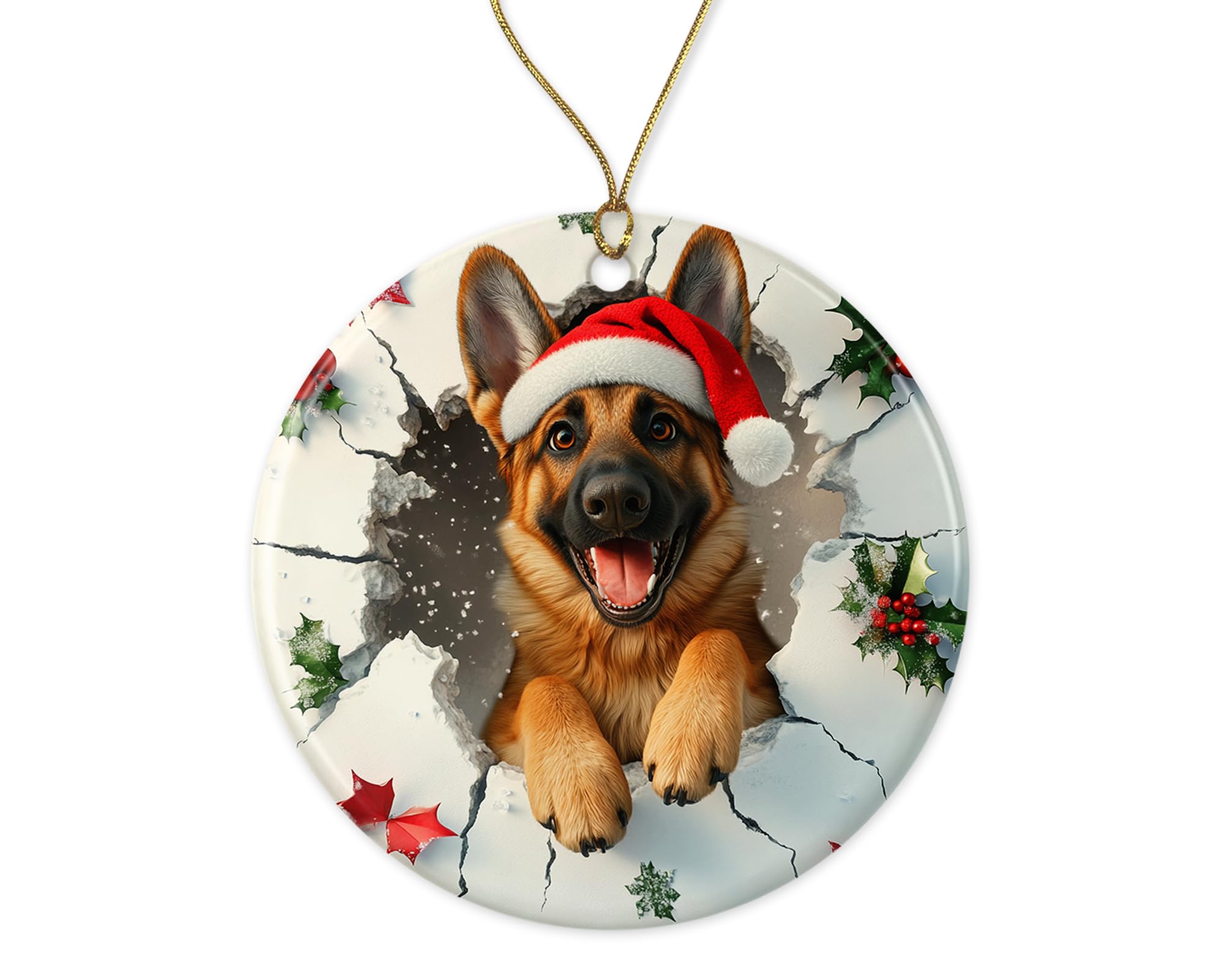 JPKDesigns 3D Effect German Shepherd Dog Ornament - German Shepherd Dog Breakthrough Ornament - Xmas Ceramic Ornament - Shepherd Ornament Printed on