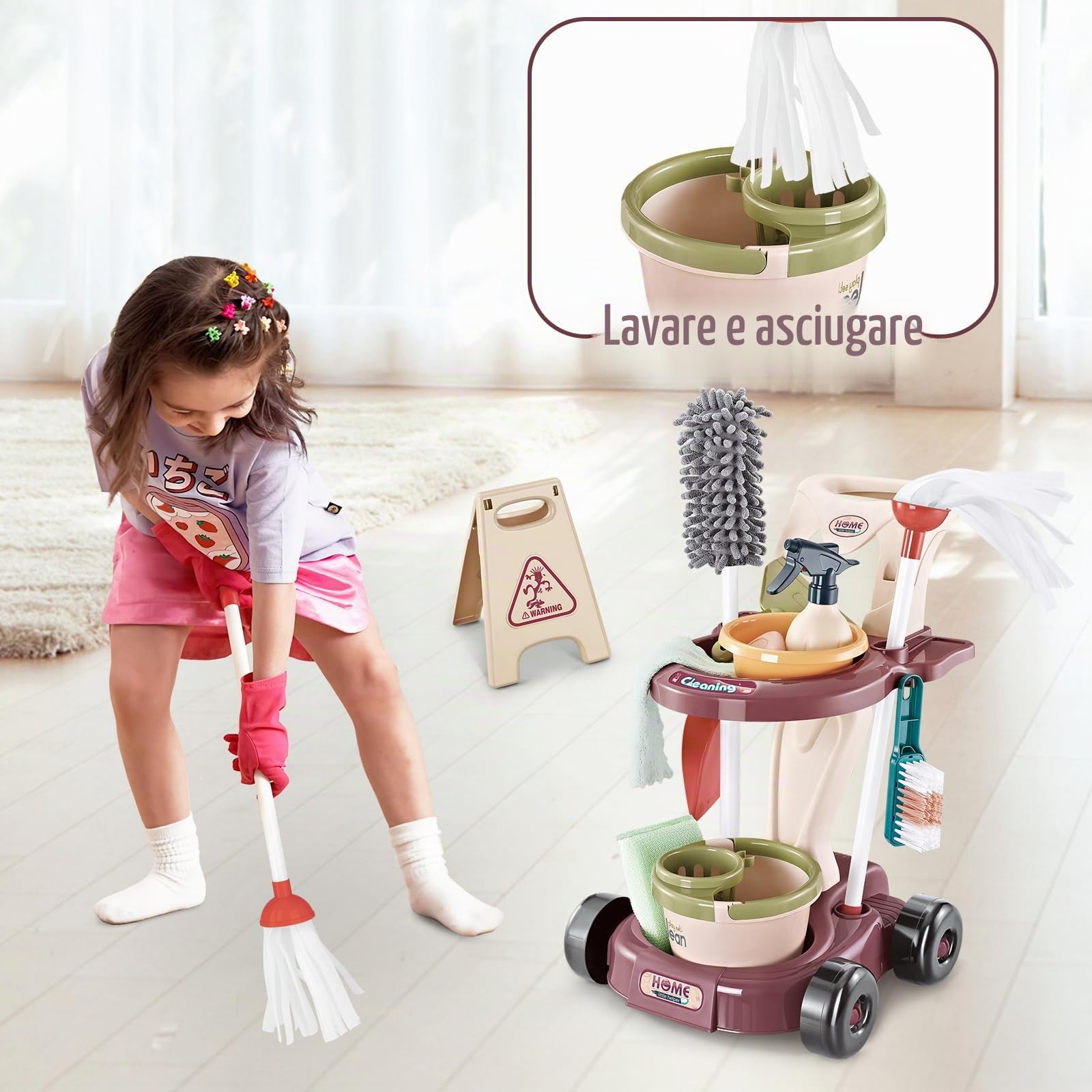 deAO Kit di Pulizia per Bambini, Carrello di Pulizia Staccabile con Scopa, Paletta, Spruzzatore, Giocattoli per Bambini, Gioco di Ruolo, Regalo 3 Anni+