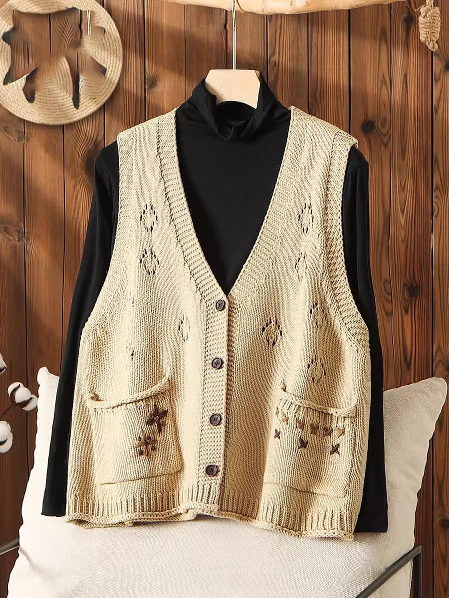 LIXINGHEITANG Large size knitted vest for women autumn and winter loose embroidered ethnic waistcoat sleeveless sweater