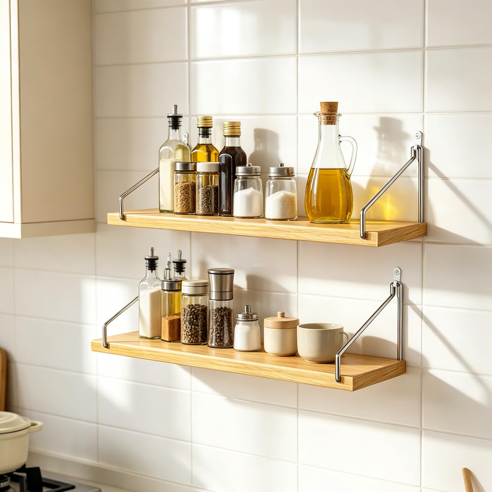Étagères murales flottantes en bois rustique avec supports en acier inoxydable de 60 cm, étagère de rangement sans perçage pour salon, cuisine