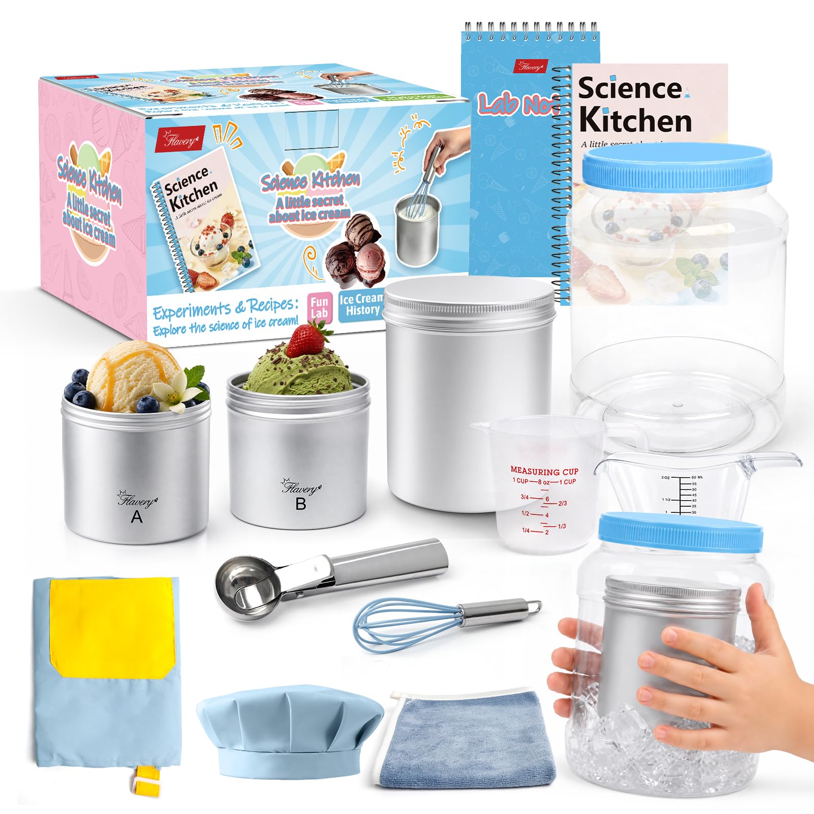 Flavery Ice Cream Making Kit for Kids - Make Homemade Ice Cream, STEM Science Toy Ages 5–12, Family Summer Project, Classroom Cooking Set with Recipe Cards, Measuring Cups, Spoons & Mixing Bags
