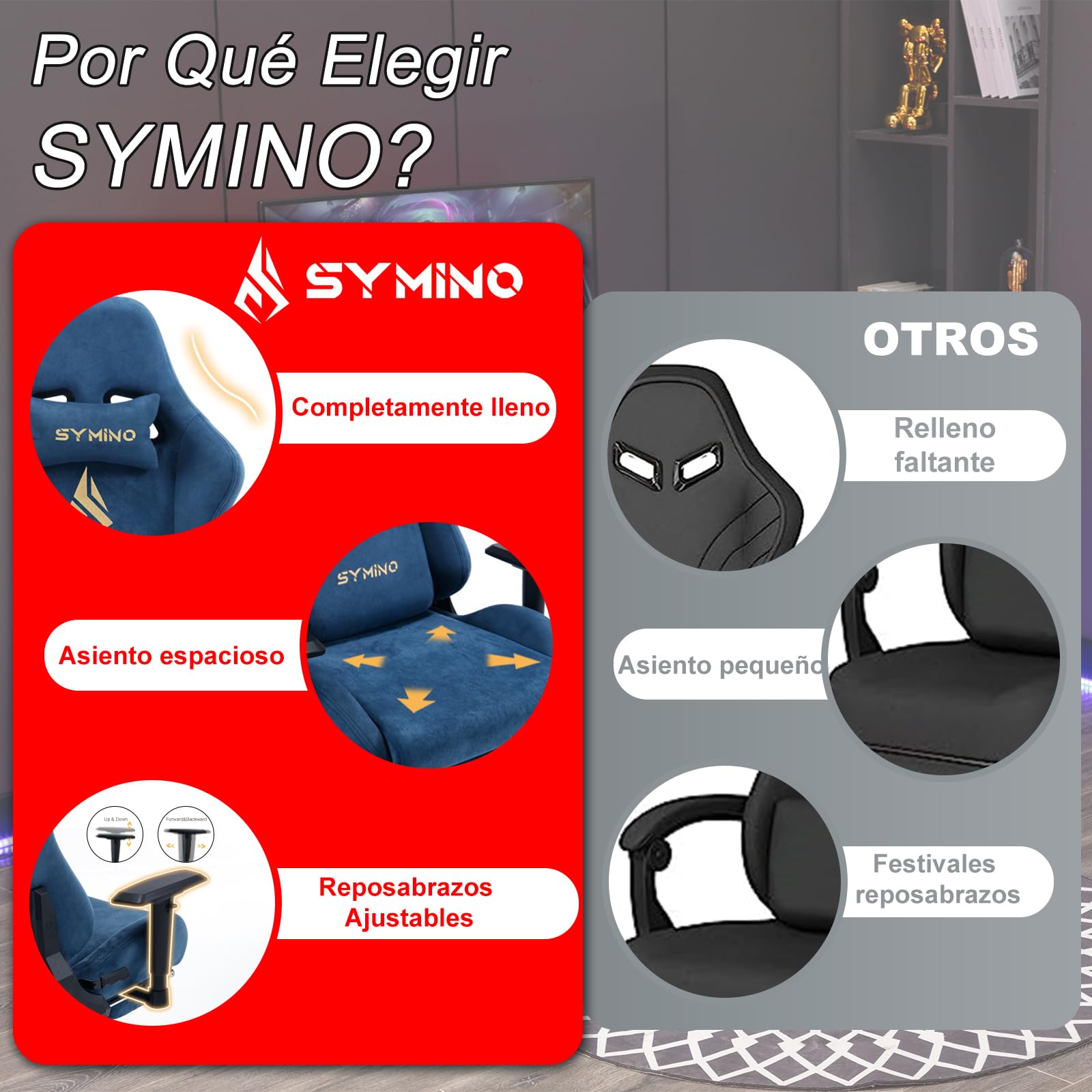 Symino Silla Gaming Ergonómica con Reposapiés, 150° Reclinable: Soporte Lumbar y Reposacabezas Regulable, Ajustable en Altura, Soporta hasta 200kg (Blue)