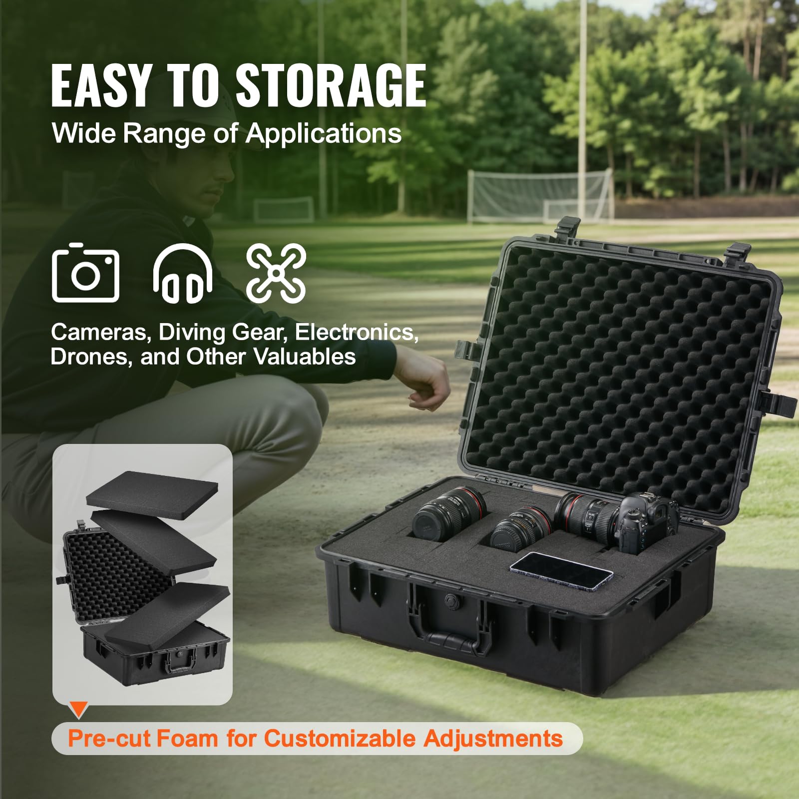 VEVOR Estuche Rígido Resistente a la Intemperie de 620 x 490 x 225 mm, Estuche Protector Resistente con Espuma Precortada, Asas Retráctiles para Viajes, Caza, Uso Militar, Táctico, Impermeable IP67