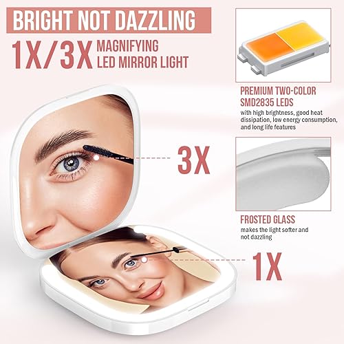 Miniatura 3 de MY BEAUTY LIGHT Espejo compacto brillante con luz, espejo de aumento recargable duradero 1X3X con luz, espejo de maquillaje de viaje de 3000K-6000K