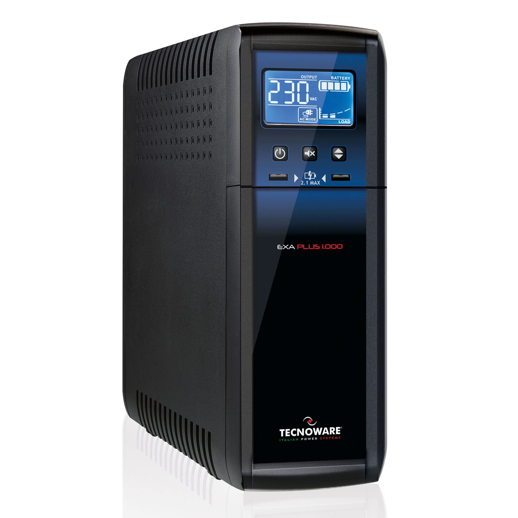 Tecnoware Power Systems UPS Exa Plus 1000 VA, con AVR, Display LCD e 2 Porte USB, Uscita Sinusoidale, 8 Prese (4 Protette da Blackout e 4 Filtrate), Nero