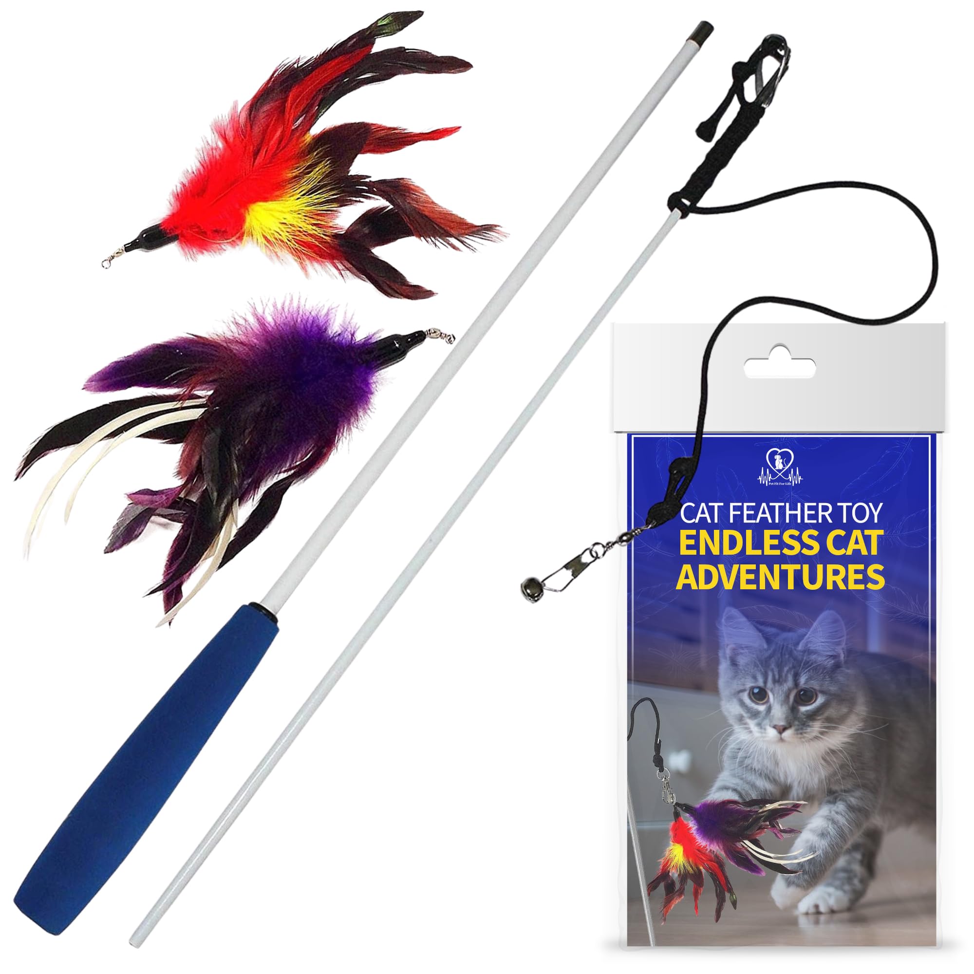 Pet Fit For Life Cat Feather Wand Toys – Interactive Cat Wand Toy for Indoor Pets | 2 Feather Attachments | Promotes Animal Health & Fitness, Made w/Soft & Durable Materials | Gift (Red)