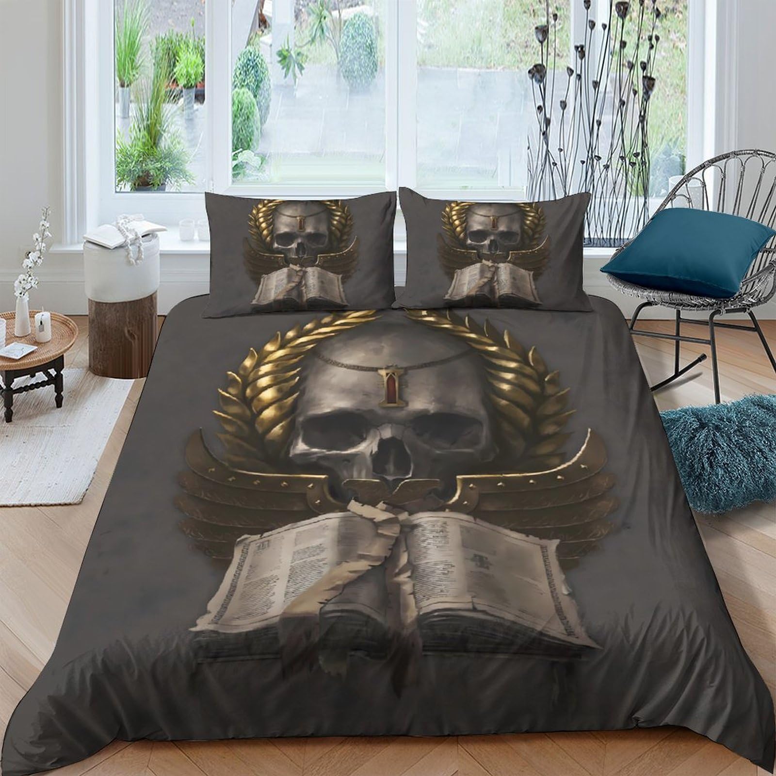 GPLZQXKJNH 3D Printed Skull Book Duvet Cover Microfiber Soft Breathable Gothic Wings Bedding Set with 2 Pillowcases for Bedroom Decor Single（135x200cm）