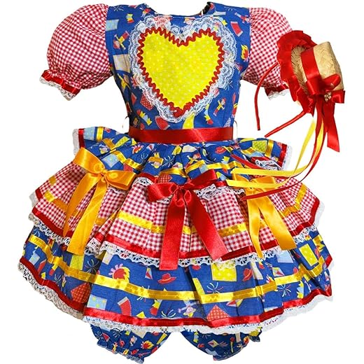 Vestido Festa Junina Infantil São João Quadrilha Caipira Menina Coração Laços Tiara