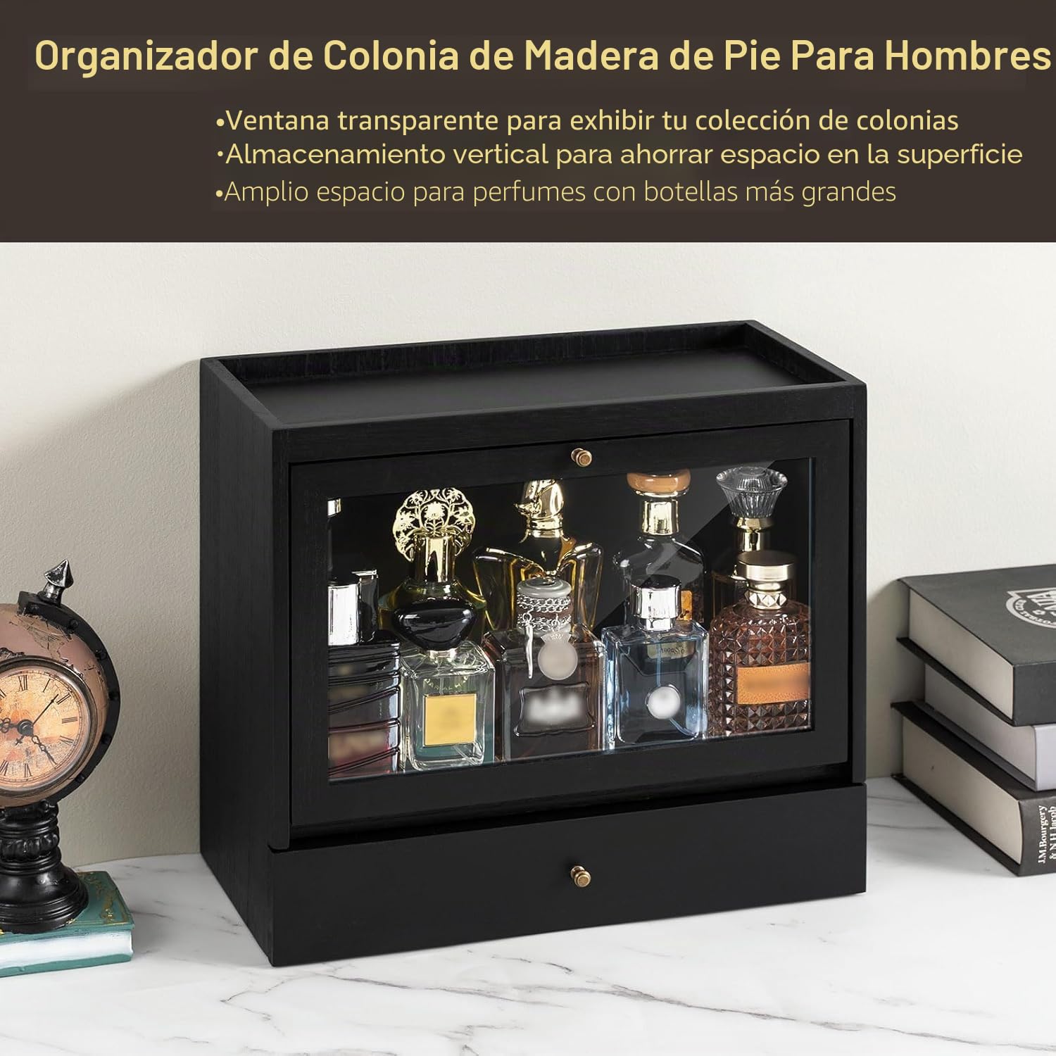 Organizador Perfumes Hombre, 3 Niveles Vitrina para Perfumes con Cajones, Organizador de Perfume de Madera, Expositor Perfume para Mostrar Joyas y Cosméticos, Gran Regalo (Negro)