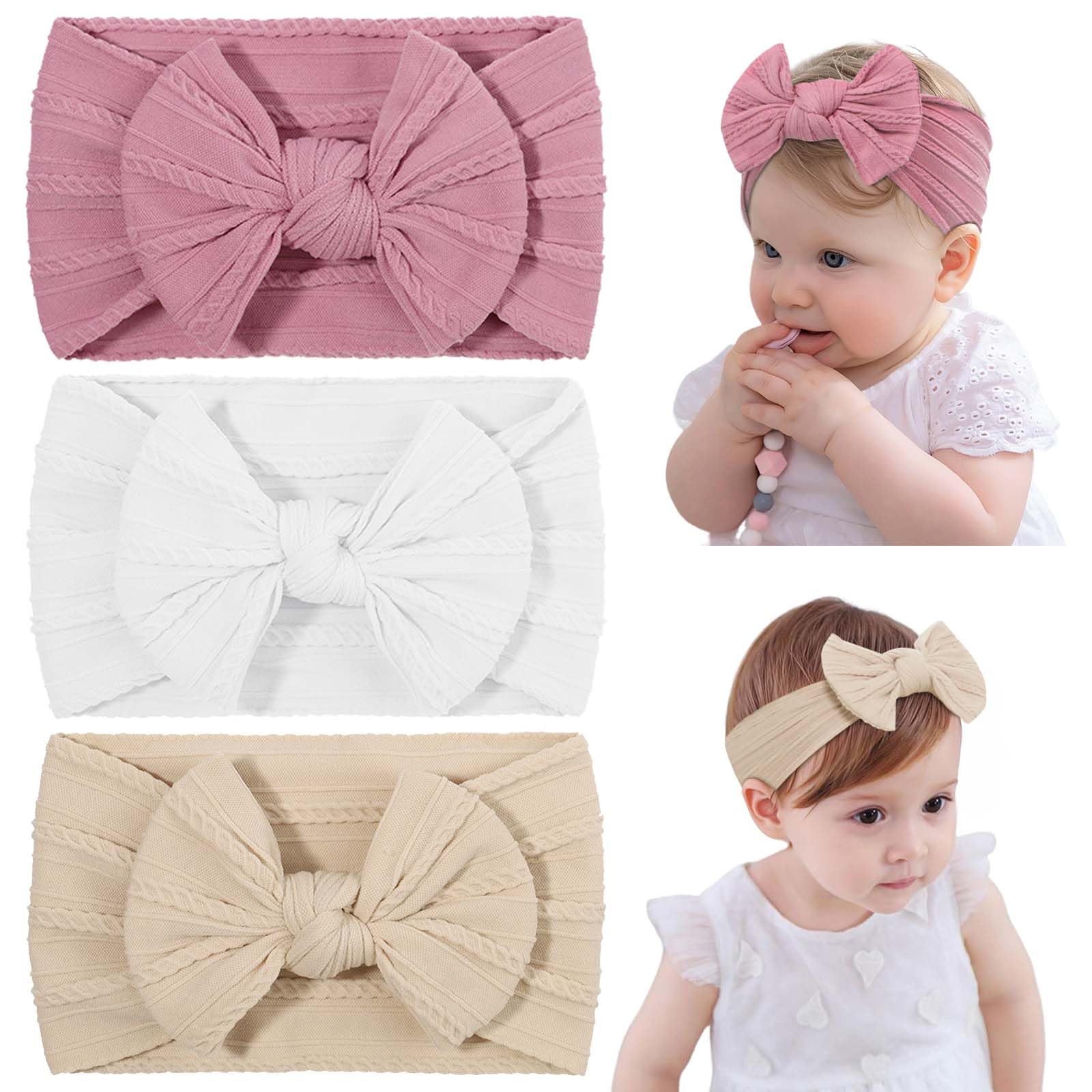 DiULi Baby Headbands, 3 Pcs Baby Headbands for Girls Stretchy Soft Babys Bows Cute Headwear Nylon Toddler Infant Hairbands Babys Turban Headband Elastic Hair Bands for Kids Infants Toddlers Newborn（B）