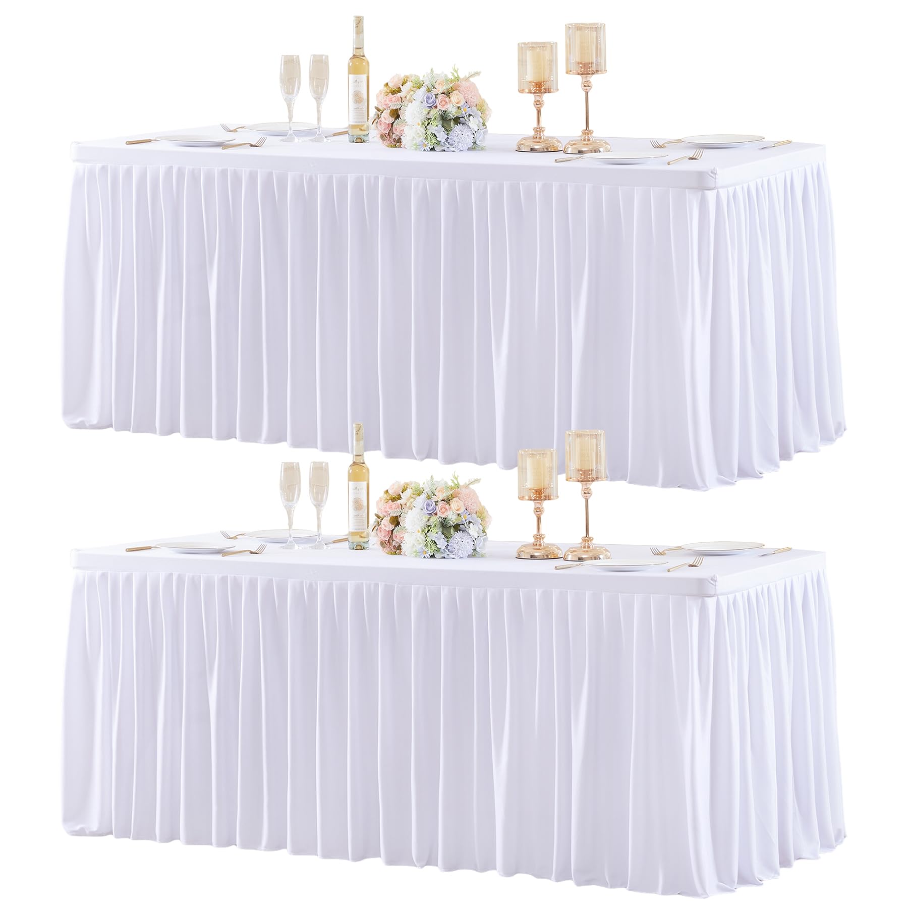 Party Talk 2 Packs White Polyester Table Clothes for 8 Foot Rectangle Tables, Wrinkle Free Fitted Table Cover 8ft Stretch Tablecloths with Skirt for