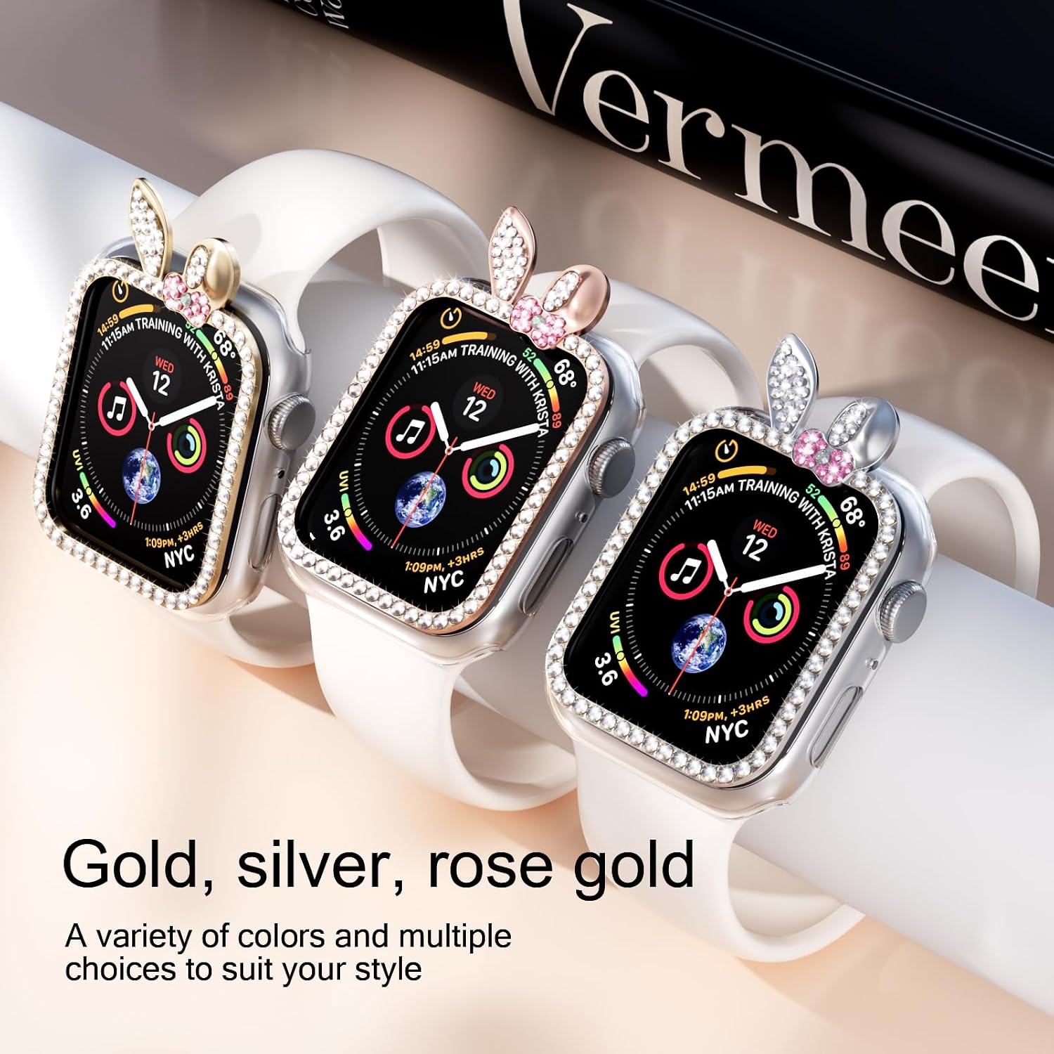 AKABEILA Compatible for Apple Watch 7/8/9 45MM Watch Case, Women Gils Glitter Diamond Rhinestone Bumper Protective Cover for iWatch Smartwatch Accessories Rabbit - Rose Gold image 3