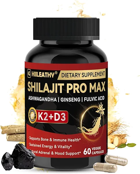 HIILEATHY Shilajit for Men Women, Shilajit w/Vitamin D3 K2, Shilajits for Men w/Fulvic Acid Ashwagandha Ginseng Root, Shilajits for Extra Power Stamina Immune Support, Non-GMO Made in US 60 Capsules