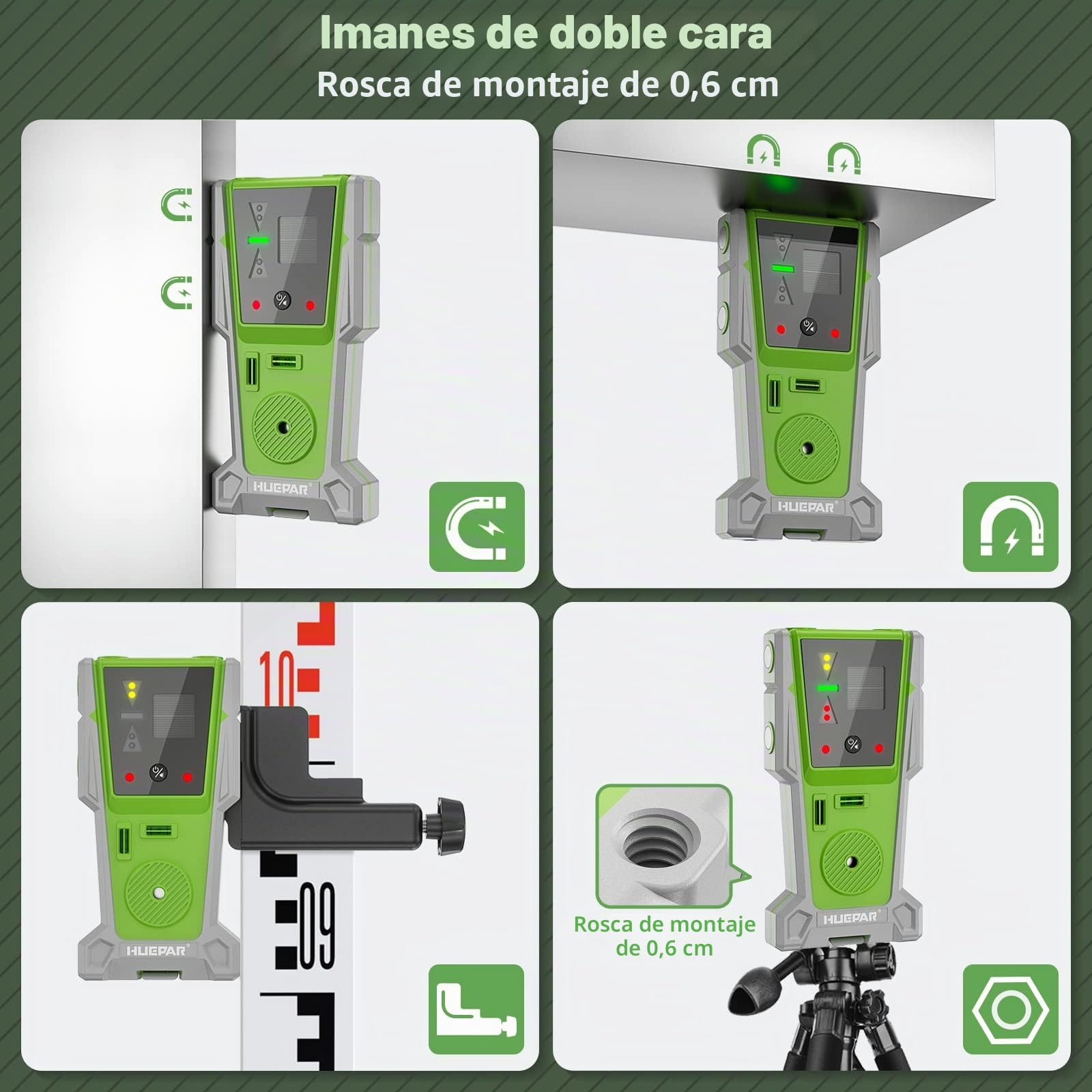 Huepar Detector láser LR-8RG para nivelación láser, receptor láser digital para haz verde y rojo, pantalla LED de doble cara e imán, lámpara doble y zumbador de 90 dB