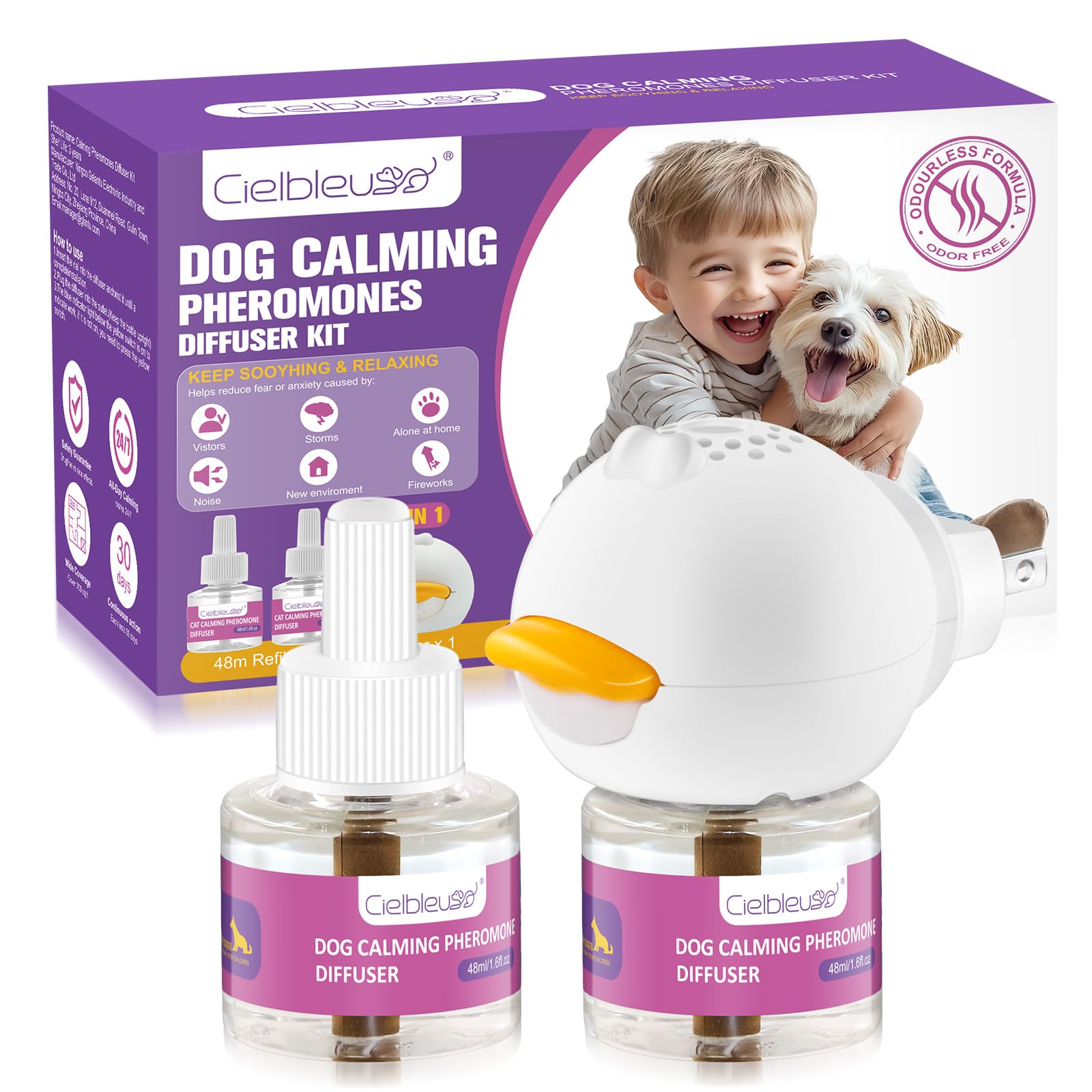 Cielbleu Diffuseur de Phéromones Calmant pour Chien pour Soulager Le Stress, l'anxiété, Les Aboiements et Les Comportements Destructeurs (1 Diffuseur+2 Recharges 48 ML)