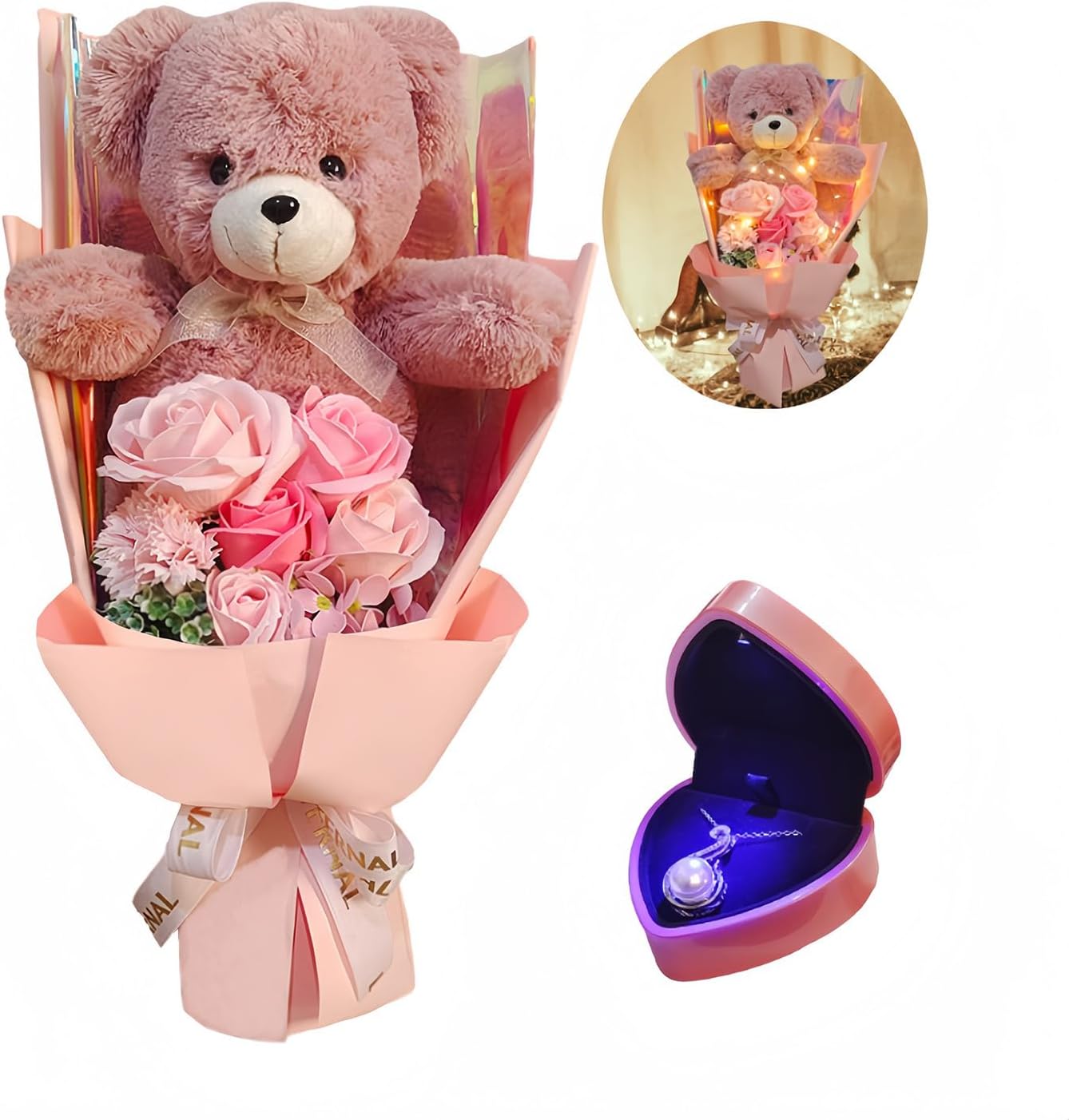 EIGHTOWN Preserved Rose Bouquet Flowers with Teddy Bear - Pink Rose Artificial Flowers with Pearl Necklace for Her - Love Gift Mother's Day,Valentine's Day,Birthday (Pink)