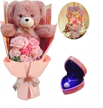 EIGHTOWN Preserved Rose Bouquet Flowers with Teddy Bear - Pink Rose Artificial Flowers with Pearl Necklace for Her - Love Gift Mothers Day,Valentines Day,Birthday Pink