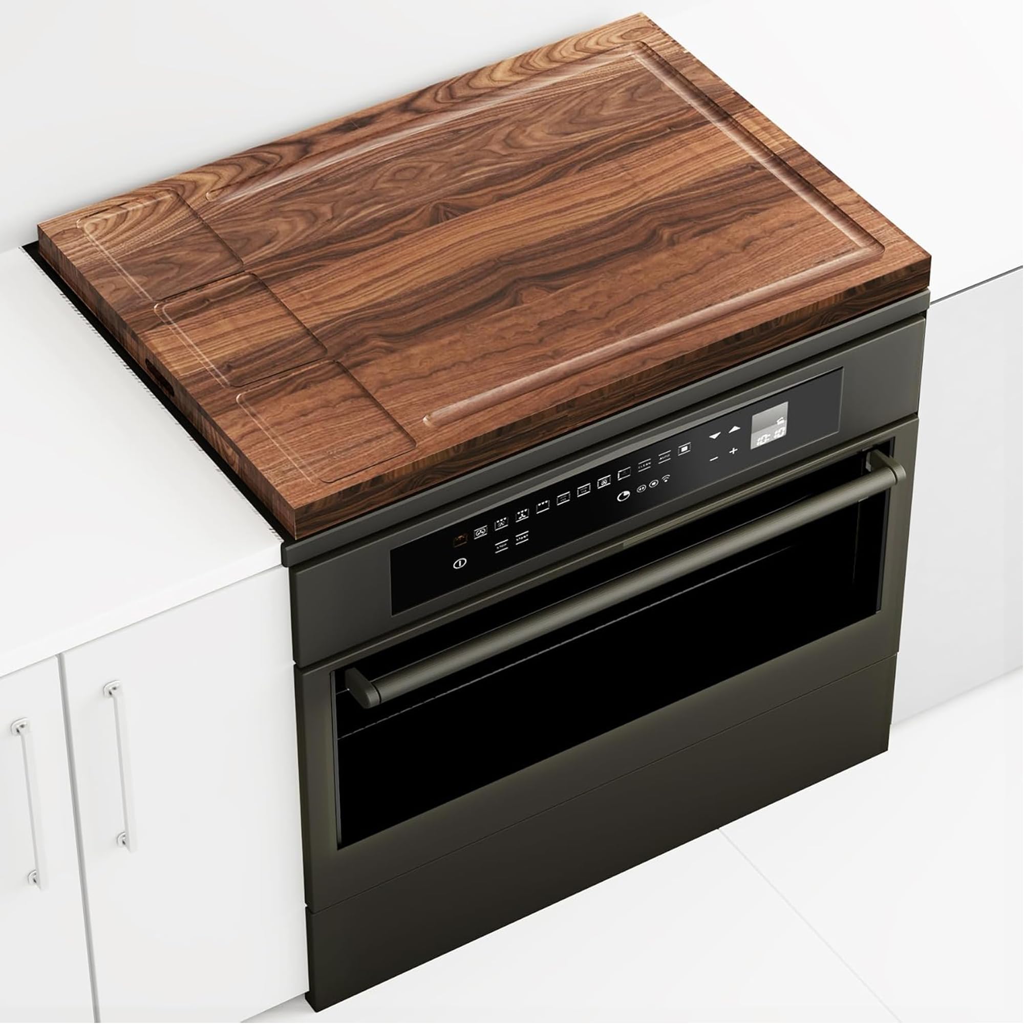 Noodle Board Stove Cover with Handle, Wooden Stove Top Cover for Electric Stove and Gas Burners, Cutting Board with Juice Groove &amp; Separate Zone, 30"L x 21"W x 2.2"H, Natural Solid Wood