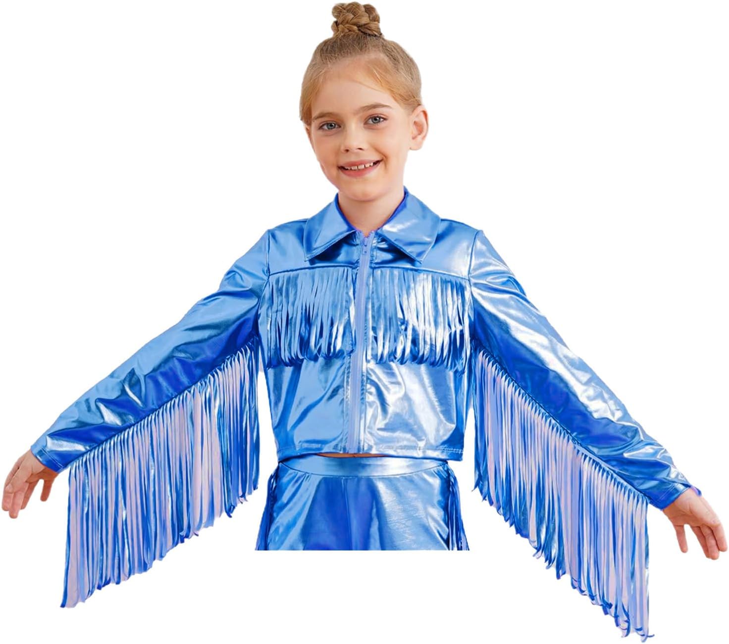 Alvivi Kids Girls Sparkly Metallic Fringe Jacket Long Sleeve Tassel Jacket Shiny Zipper Turn Down Collar Streetwear