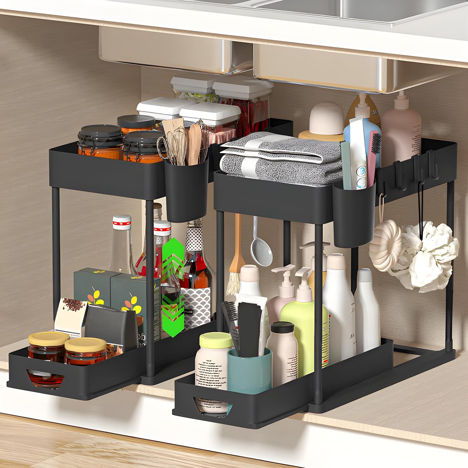 KITDAHOM Set da 2 organizer sottolavello cucina - organizer cucina - sottolavello cucina - design con cassetto - 10 ganci inclusi - adatto per bagno e cucina - colore nero
