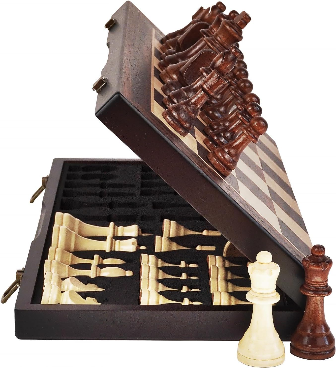 15" Magnetic Wooden Chess Set - Folding Portable Travel Chess Board - Hand Carved Pieces - Foam Storage Slots - 2 Extra Queens - Tournament and Beginner Play - Adults and Kids (15 inch)