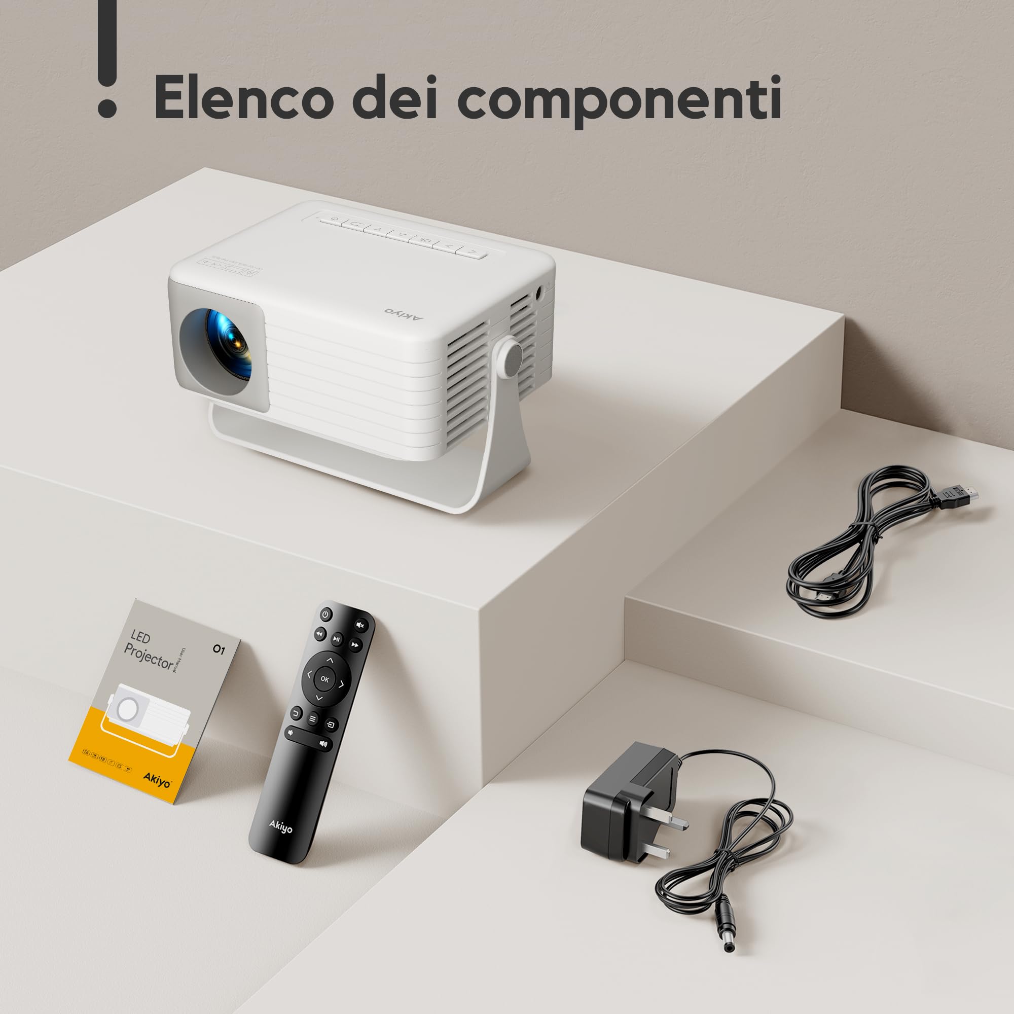 AKIYO O1 Proiettore Portatile 15000 Lumens, 4K Supporto Full HD 1080P, Auto Keystone, Rotabile 360°, per Phone/TV Stick/HDMI/USB/TF
