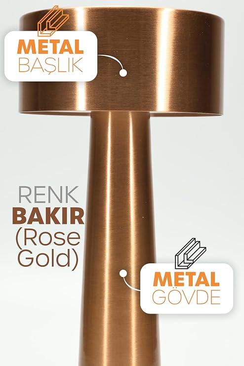 Şarjlı Mantar Masa Lambası Metal Dokunmatik 3 Işık Parlaklık Ayarlı Gece Masa Üstü Lamba (Bakır A3) [Enerji Sınıfı A]