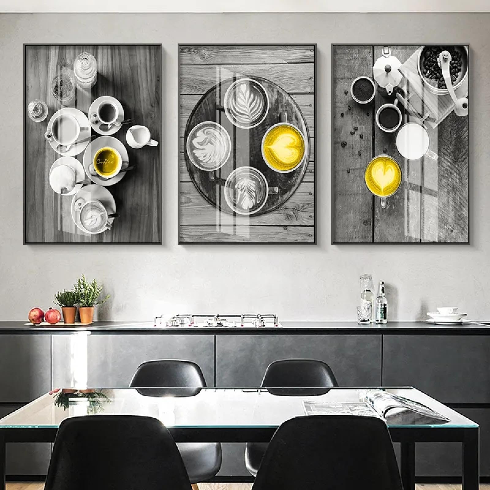 Peinture sur toile moderne Coffee Street jaune et noir pour salon triptyque 70x100 cm - 8