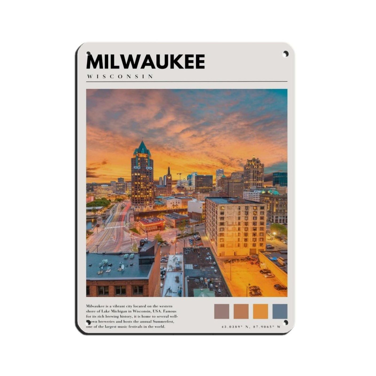 Milwaukee Poster Milwaukee Wisconsin Art Retro Poster Metal Tin Sign Chic Art Retro Iron Painting Bar People Cave Cafe Family Garage Poster Wall Decoration 12x16inch(30x40cm)